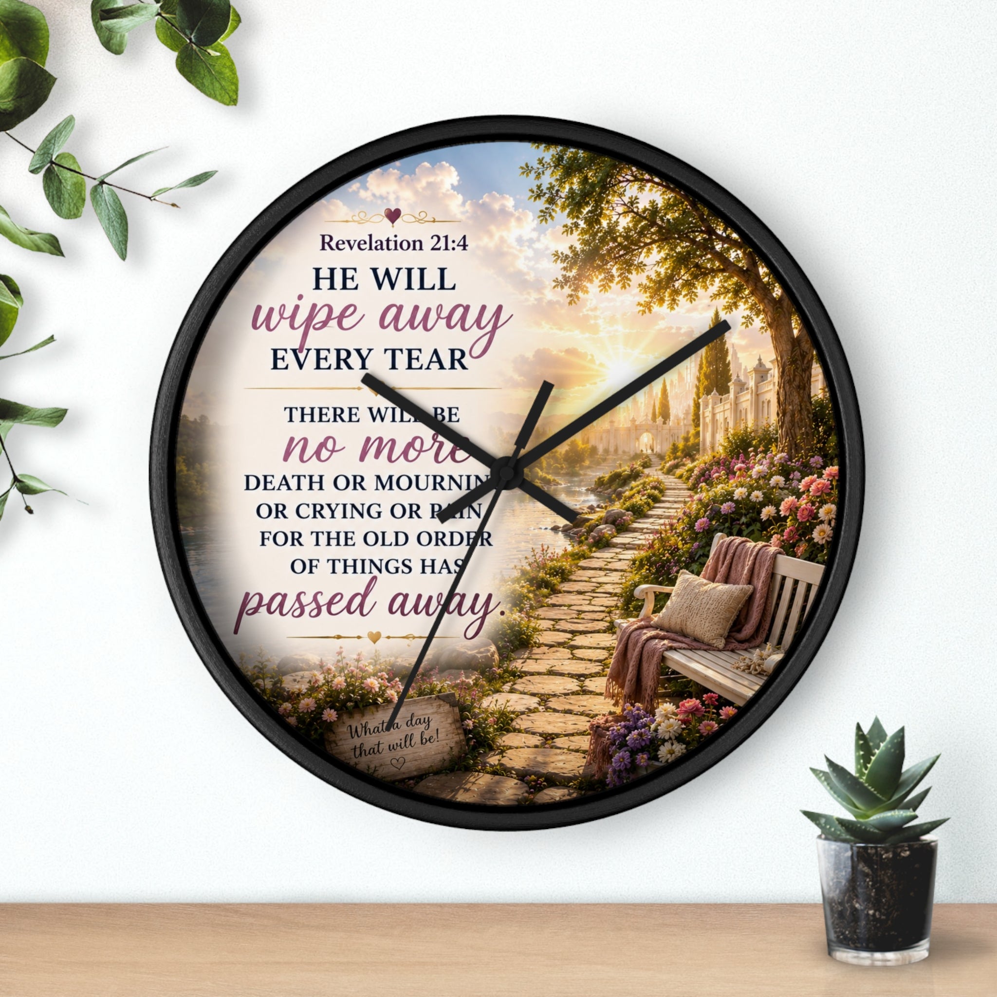 Revelation 21:4 Wall Clock | Christian Prayer Garden Decor | Inspirational Silent Wall Clock