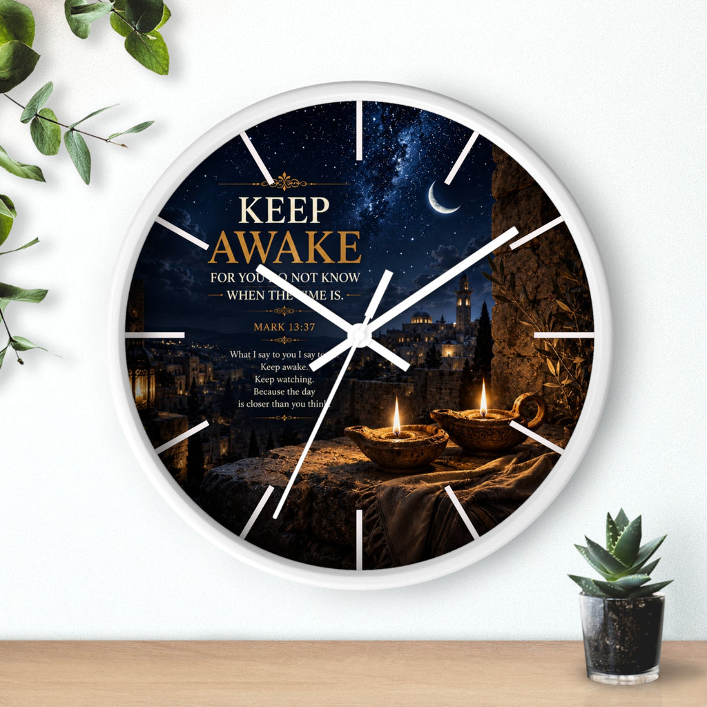 Inspirational Christian wall clock featuring candlelit oil lamps, crescent moon nightscape, and Mark 13:37 scripture in rich navy and warm amber tones.