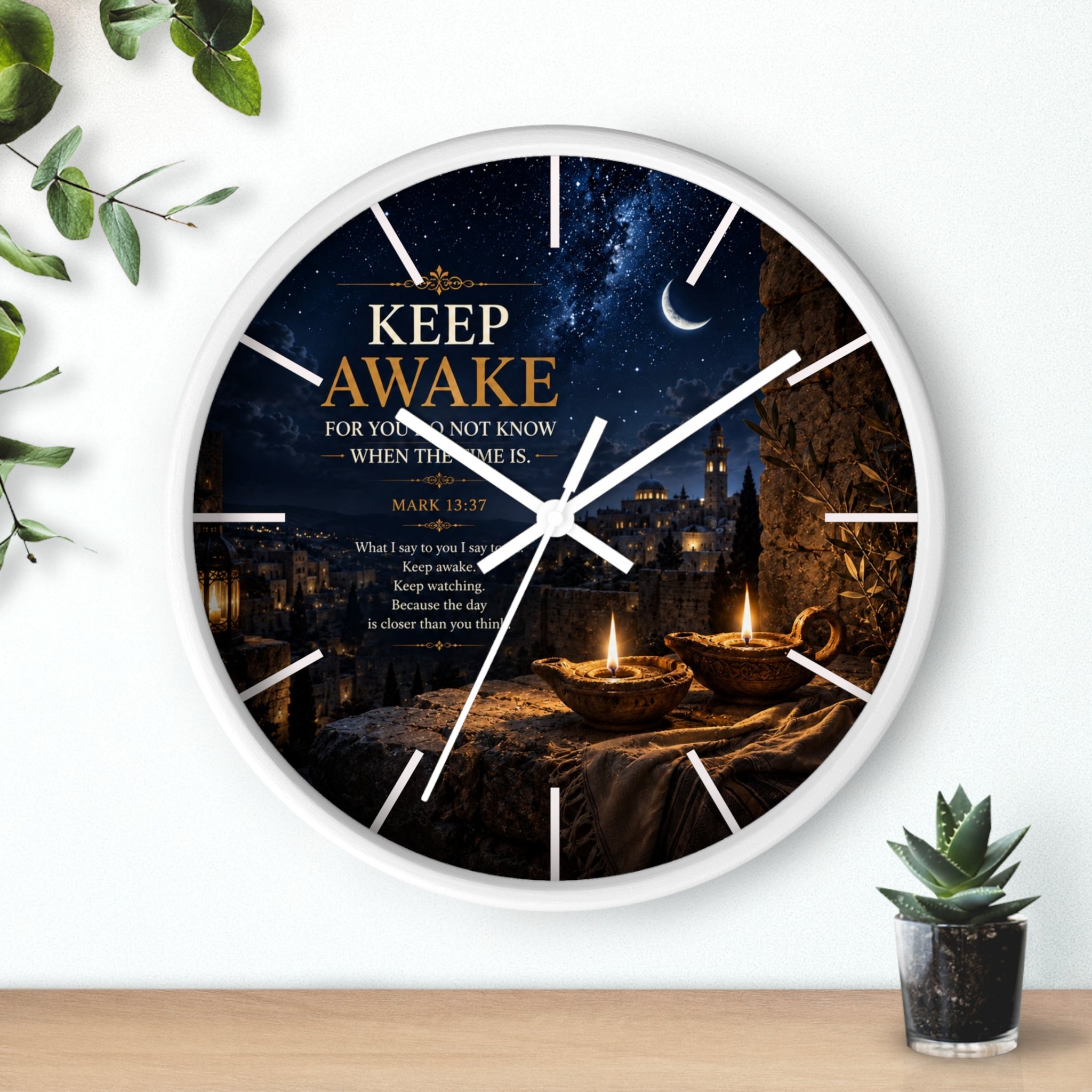 Inspirational Christian wall clock featuring candlelit oil lamps, crescent moon nightscape, and Mark 13:37 scripture in rich navy and warm amber tones.