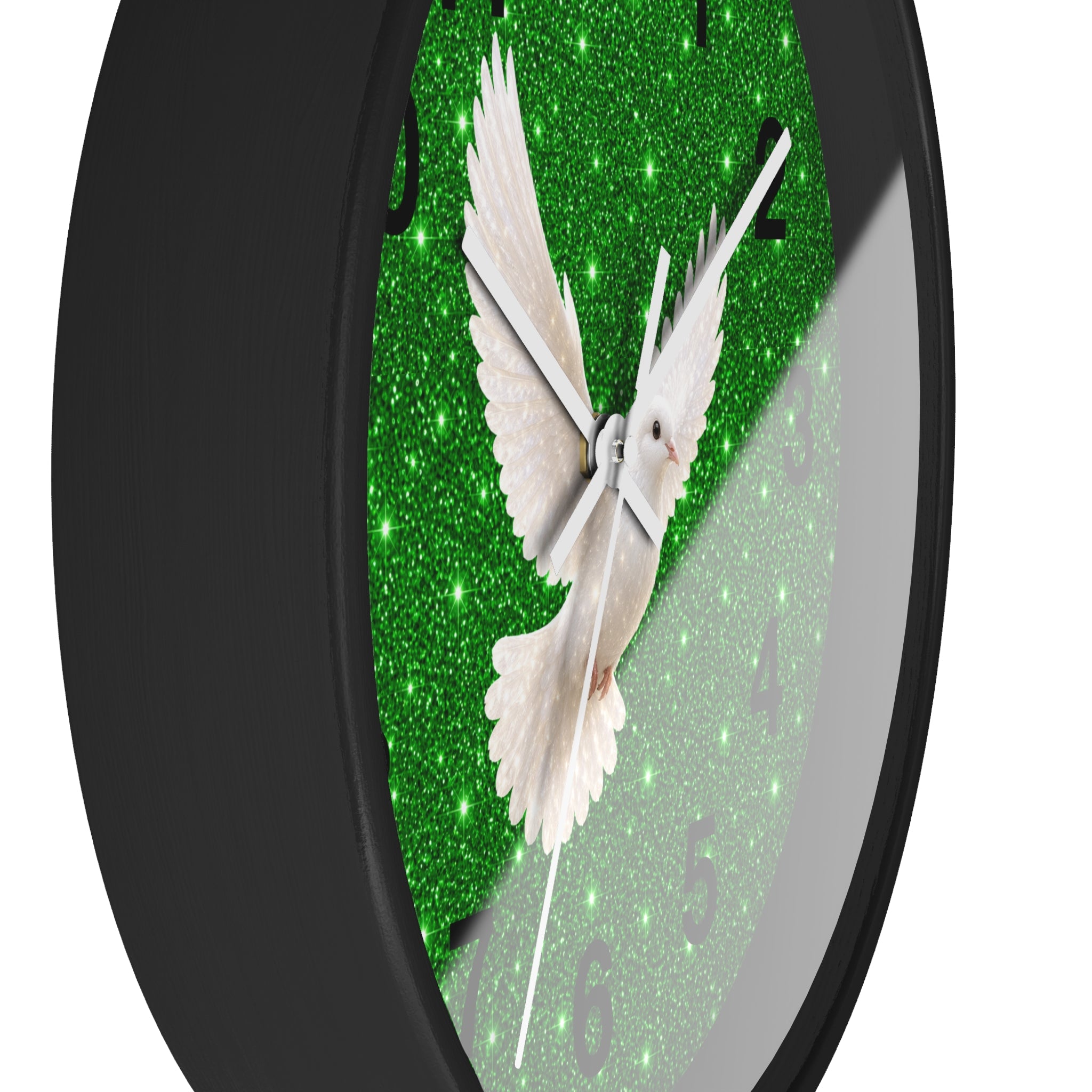 Peace Dove Wall Clock | Green Sparkle Christian Wall Decor | Silent White Dove Clock