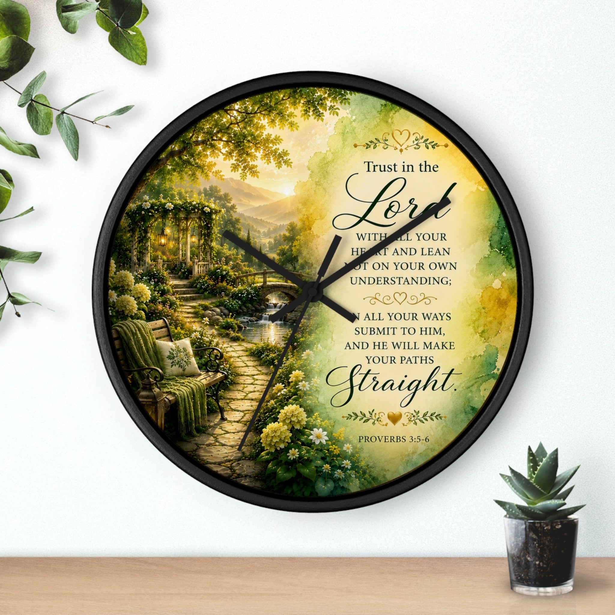 Inspirational Christian wall clock featuring a peaceful garden pathway at sunrise with Proverbs 3:5-6 scripture about trusting in the Lord.