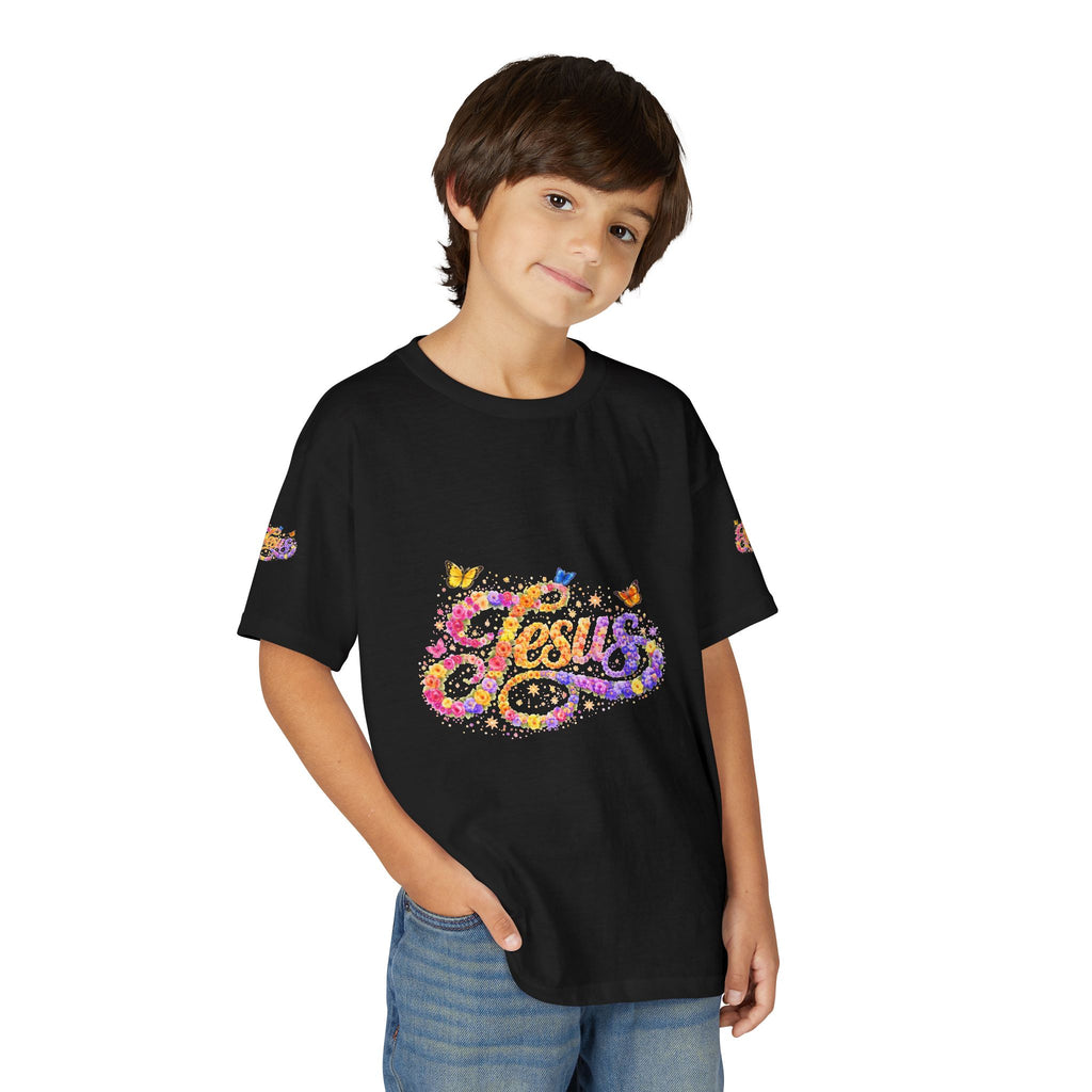 Youth Jesus Floral Butterfly T-Shirt – Christian Kids Faith Tee | Gratitude Sneaker Style Shirt