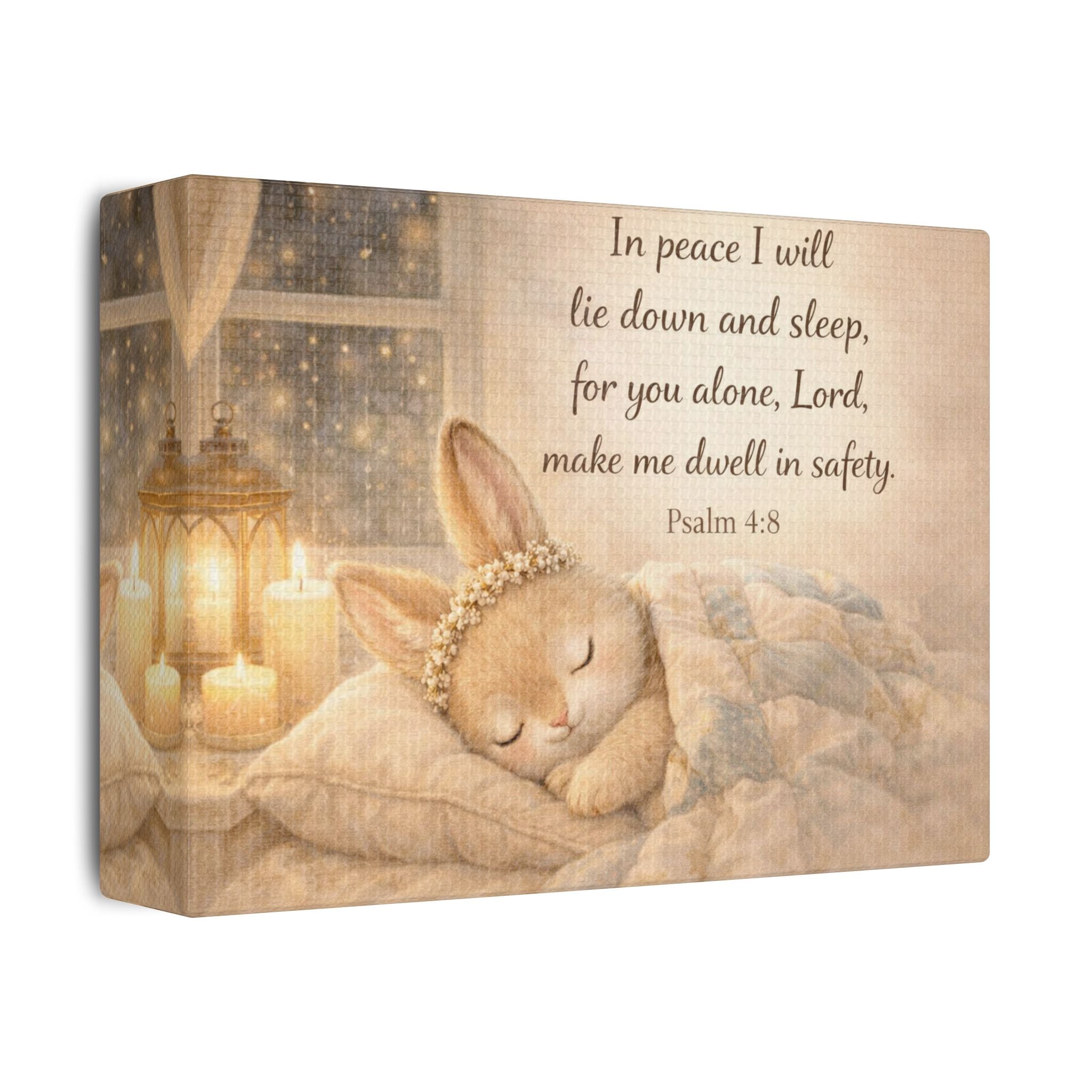 Sleeping Bunny Canvas — Psalm 4:8 Nursery Wall Art | Christian Baby Room Decor
