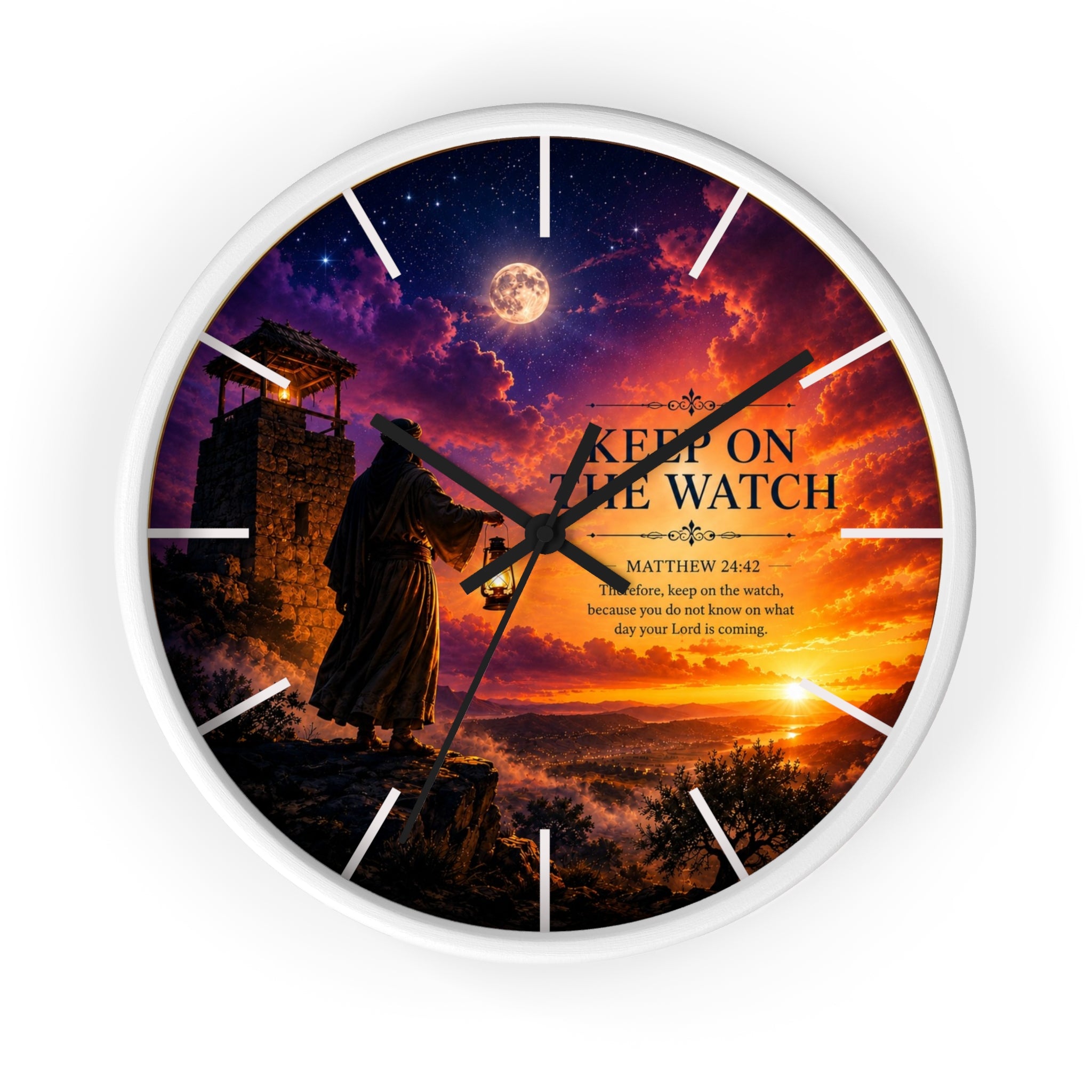 Inspirational Christian wall clock featuring a lone watchman beneath dramatic sunset skies with Matthew 24:42 scripture and rich orange and purple twilight tones.