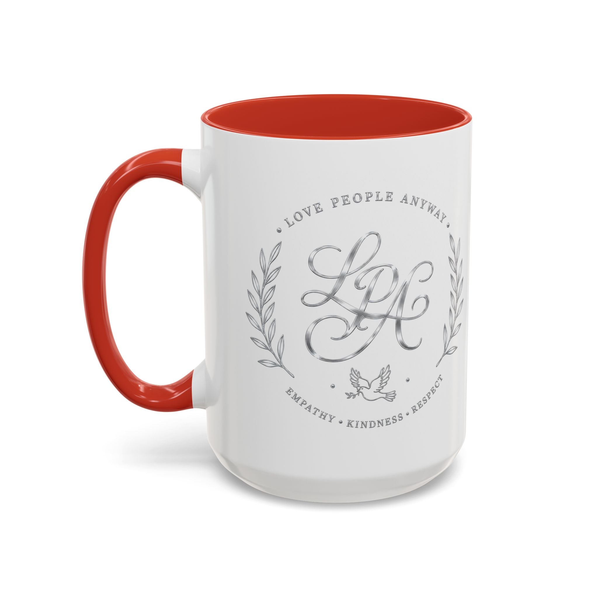 Love People Anyway Silver Accent Coffee Mug | Inspirational Monogram Mug | Faith Freedom Creations