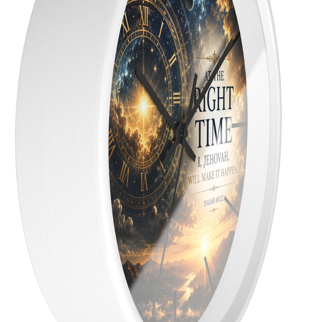 Bring peaceful encouragement into your home with this Isaiah 60:22 wall clock featuring celestial artwork, a golden sunrise, silent movement, and the comforting promise: “The Right Time, I Jehovah Will Make It Happen.”