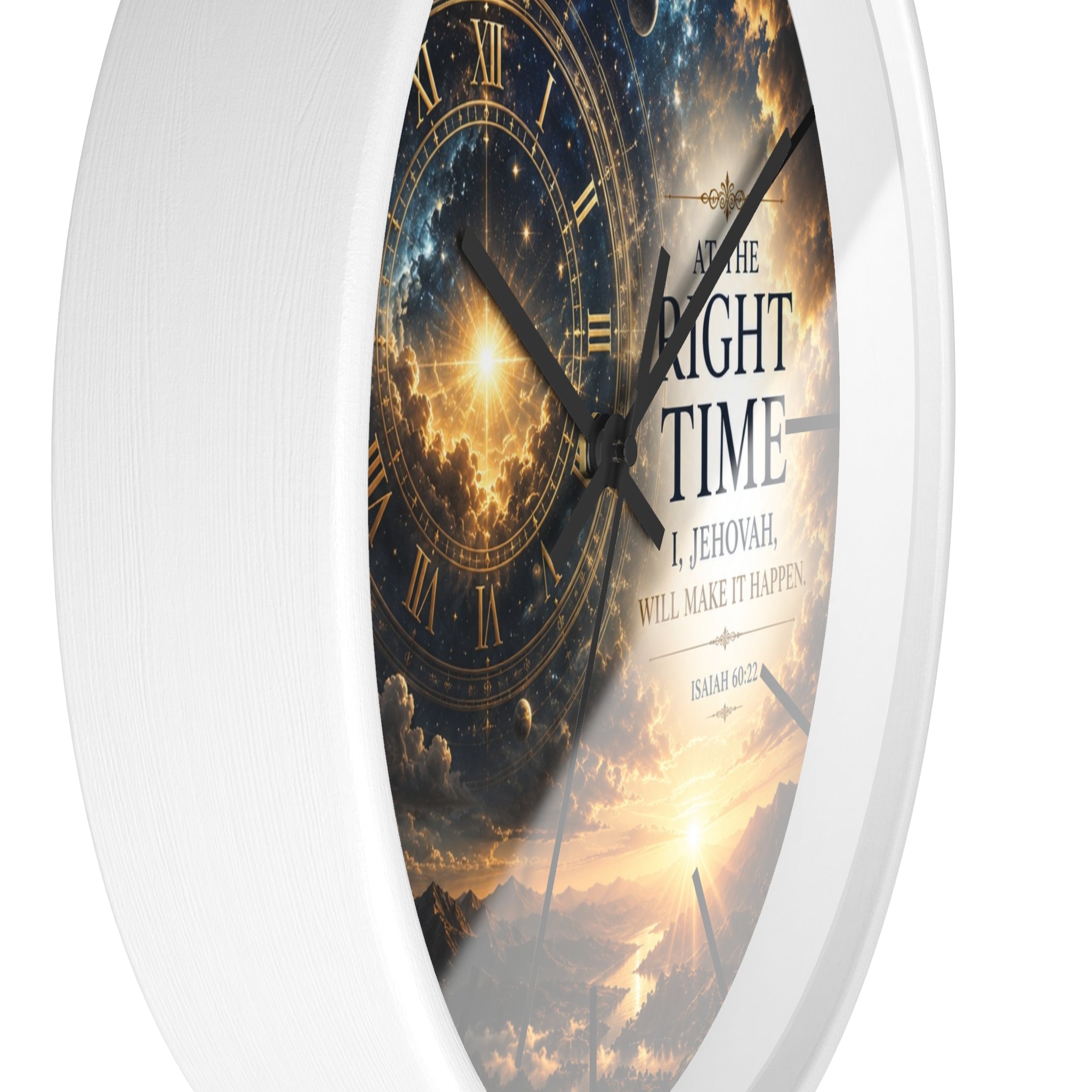Bring peaceful encouragement into your home with this Isaiah 60:22 wall clock featuring celestial artwork, a golden sunrise, silent movement, and the comforting promise: “The Right Time, I Jehovah Will Make It Happen.”
