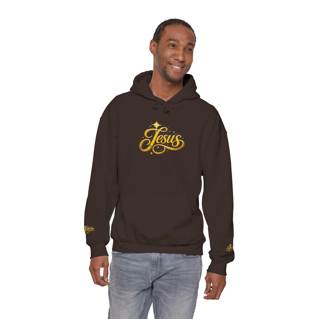 Jesus Gold Script Hoodie – Sparkle Christian Faith Pullover | Inspirational Hoodie