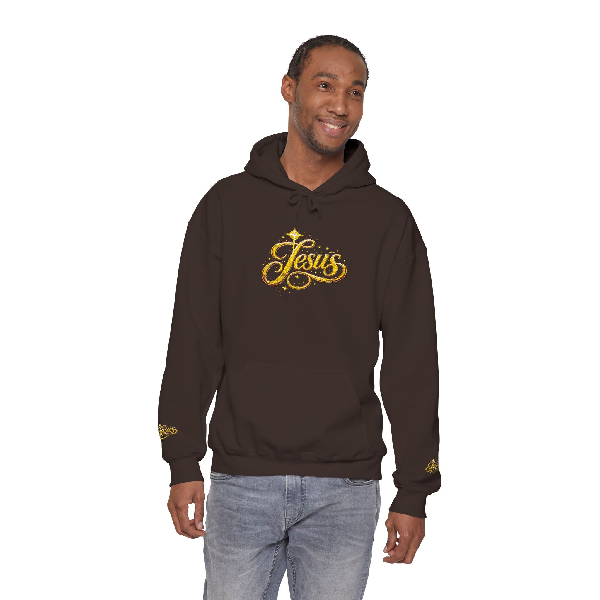 Jesus Gold Script Hoodie – Sparkle Christian Faith Pullover | Inspirational Hoodie