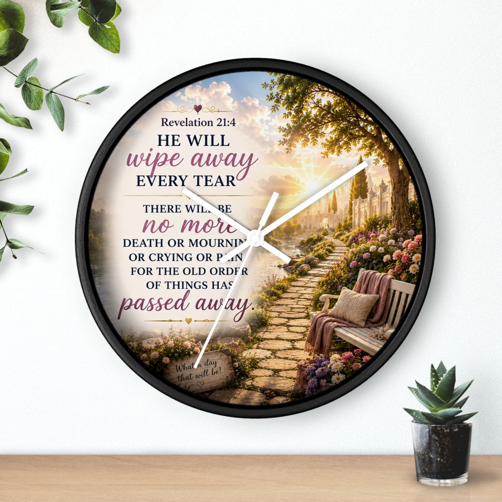Revelation 21:4 Wall Clock | Christian Prayer Garden Decor | Inspirational Silent Wall Clock