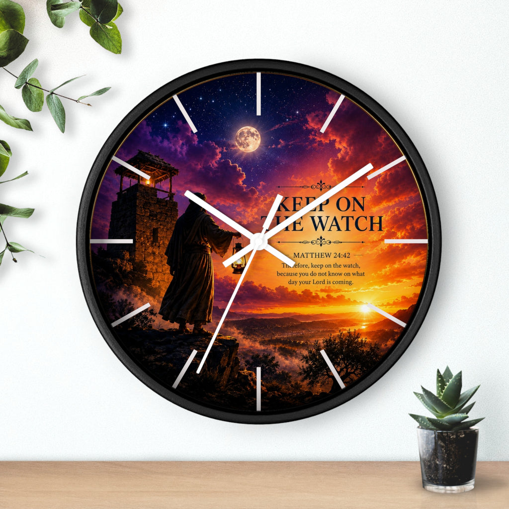 Inspirational Christian wall clock featuring a lone watchman beneath dramatic sunset skies with Matthew 24:42 scripture and rich orange and purple twilight tones.