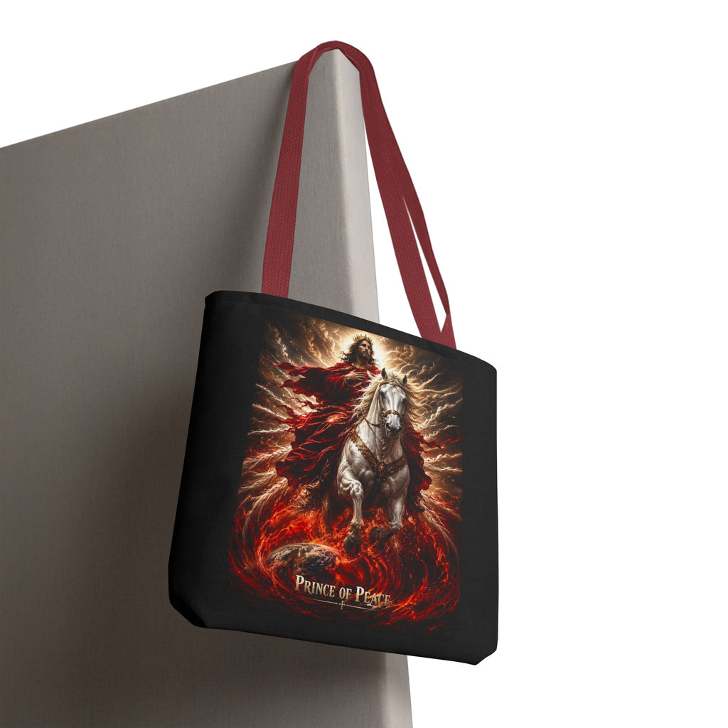 Christian all-over print tote bag featuring Jesus riding a white horse with Prince of Peace inspirational artwork and durable carryall design.