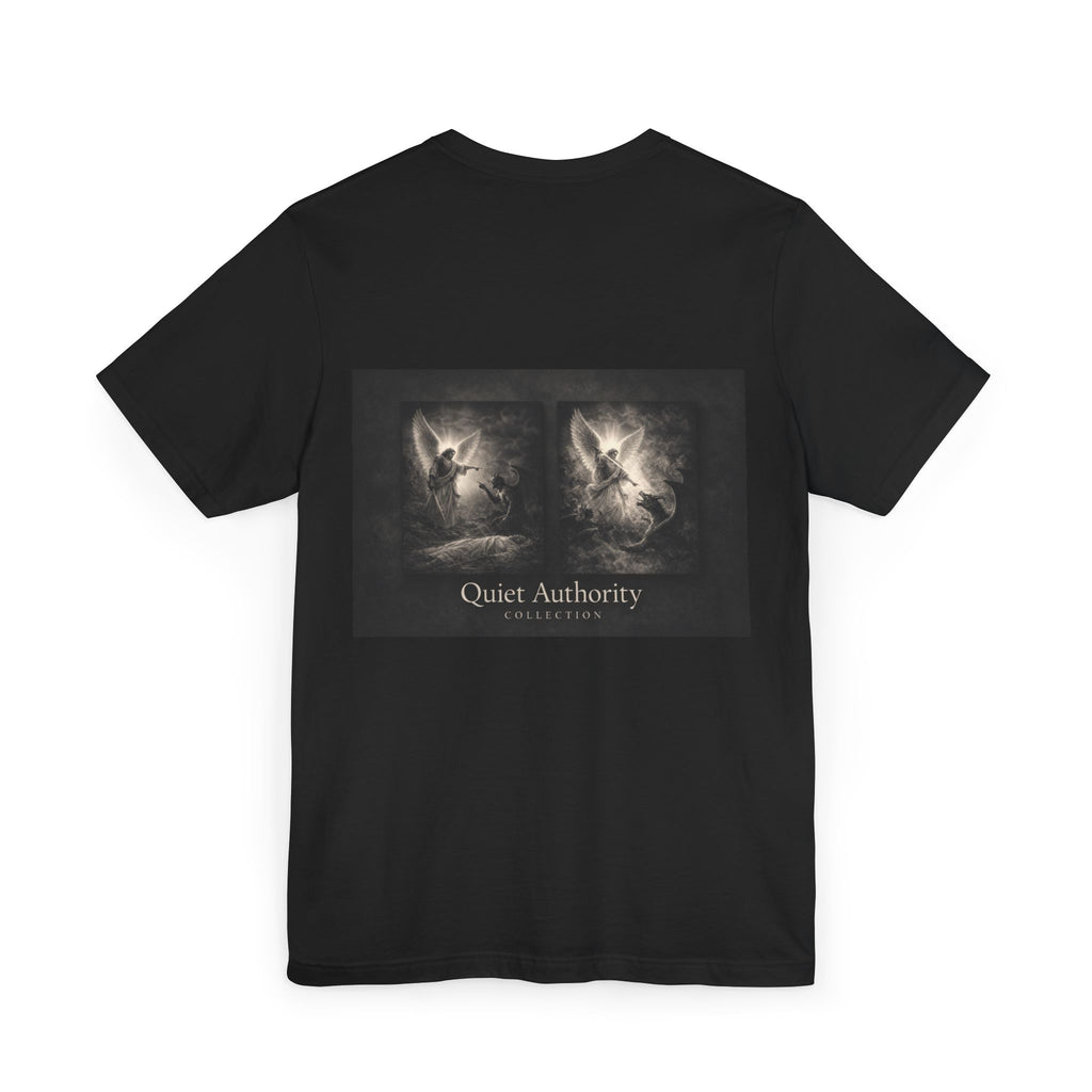Michael Defeats Satan T-Shirt – Archangel Michael Christian Graphic Tee | Faith Spiritual Apparel