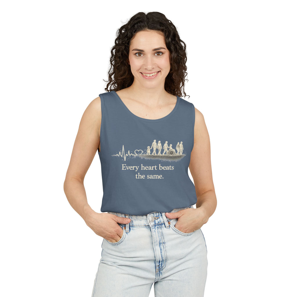 “Every Heart Beats the Same” Vintage Surf Tank Top – Garment-Dyed Coastal Unity Tank