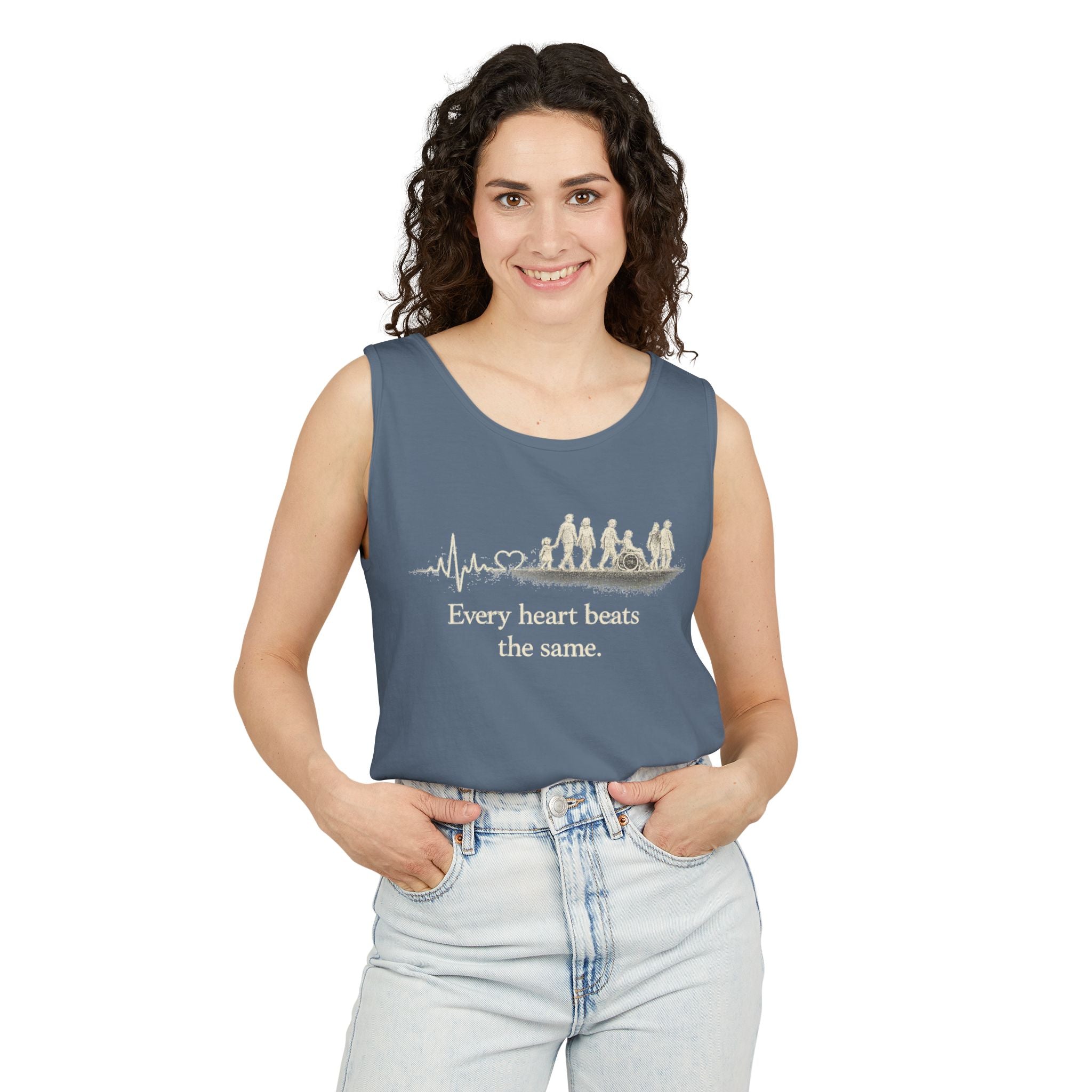 “Every Heart Beats the Same” Vintage Surf Tank Top – Garment-Dyed Coastal Unity Tank