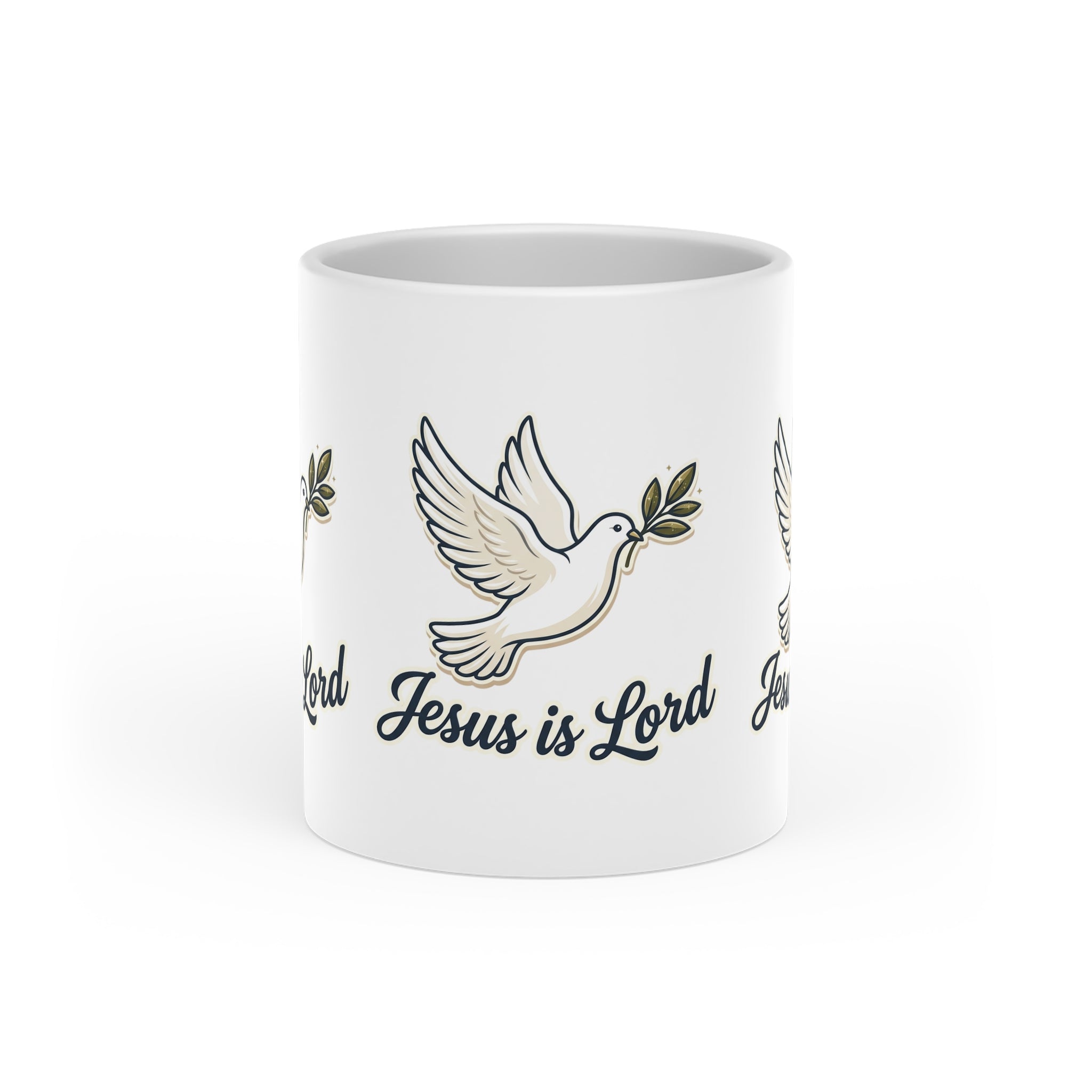 White ceramic heart-shaped handle mug featuring repeating white doves carrying olive branches with the words "Jesus Is Lord" in elegant script.