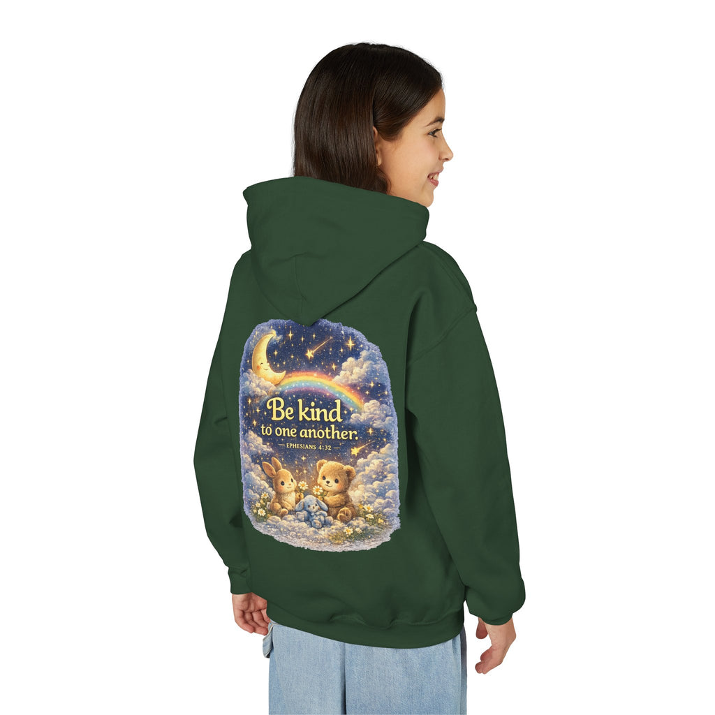 Youth “Be Kind to One Another” Hoodie – Cute Bunny Night Sky Scripture Sweatshirt