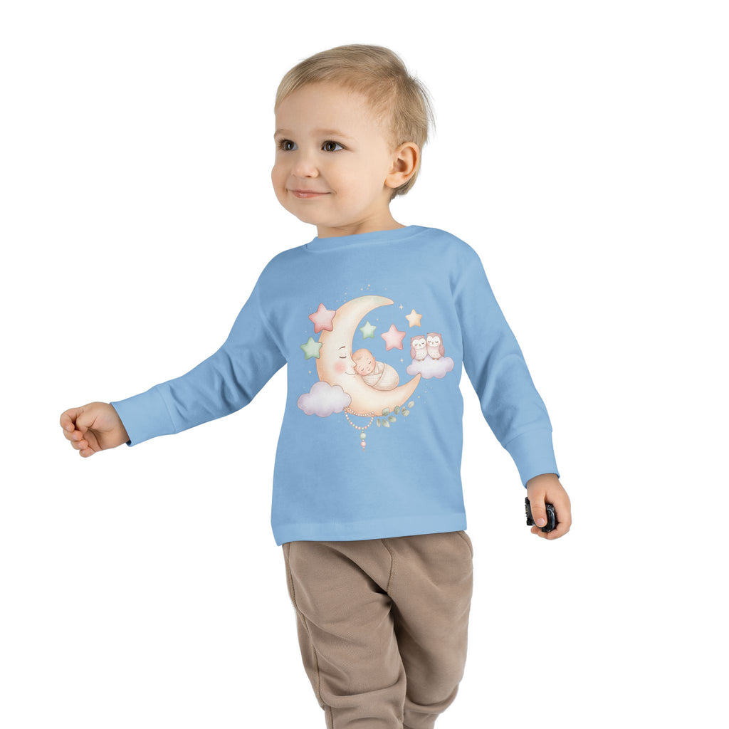 Baby Moon & Owl Toddler Long Sleeve Tee – Pastel Sleepy Moon Nursery Shirt | Cozy Toddler Pajama Style Tee