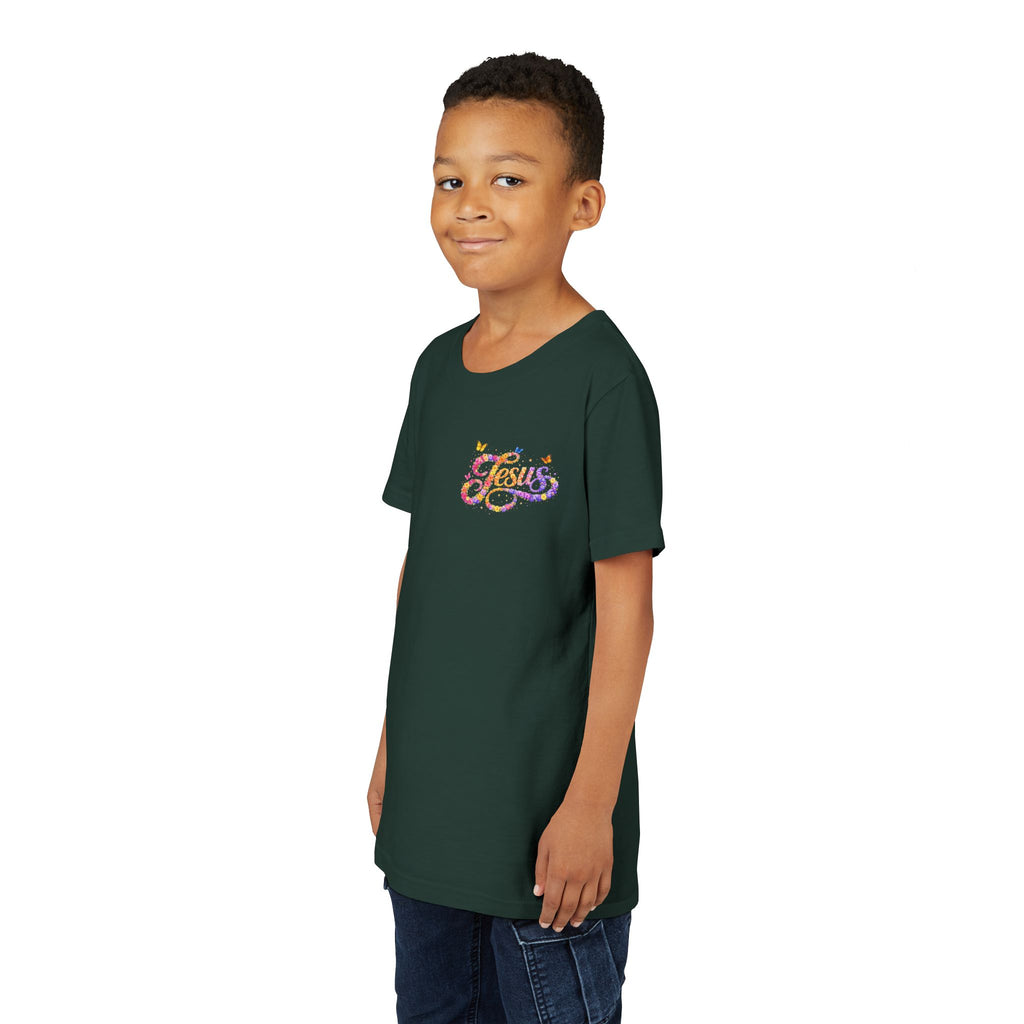 Youth Jesus Floral Script T-Shirt – Butterfly Christian Kids Tee | Faith Youth Shirt