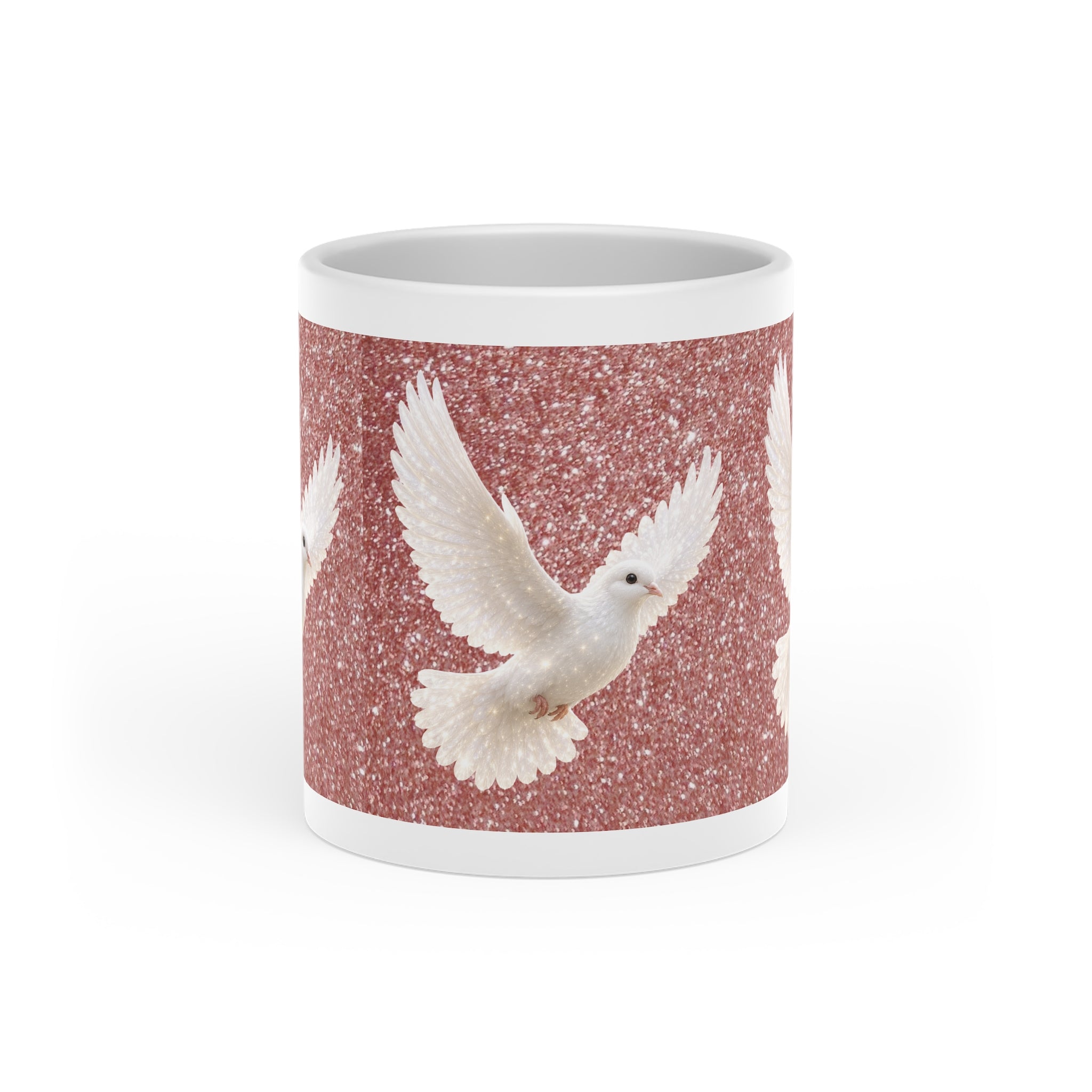White ceramic heart-shaped handle mug featuring white doves flying across a shimmering rose gold sparkle background with vibrant wraparound artwork.