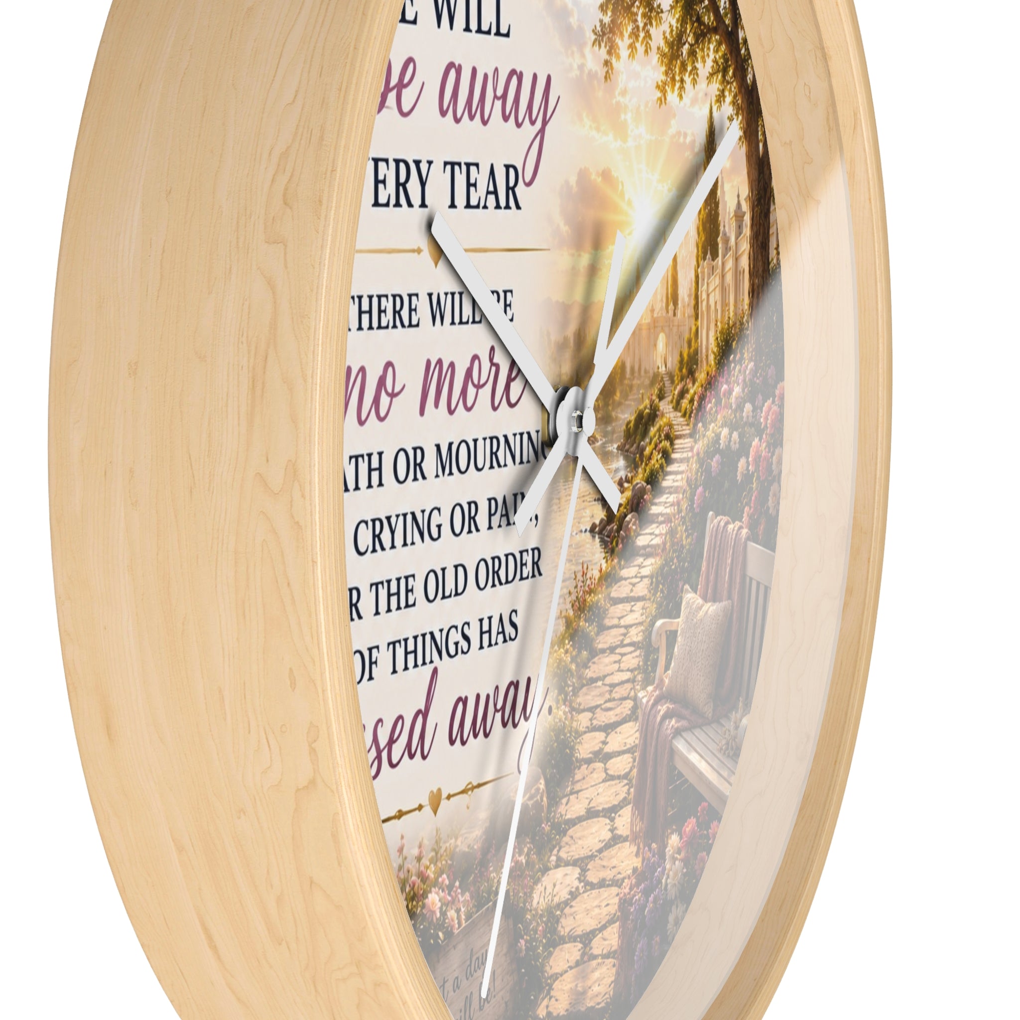 Revelation 21:4 Wall Clock | Christian Prayer Garden Decor | Inspirational Silent Wall Clock
