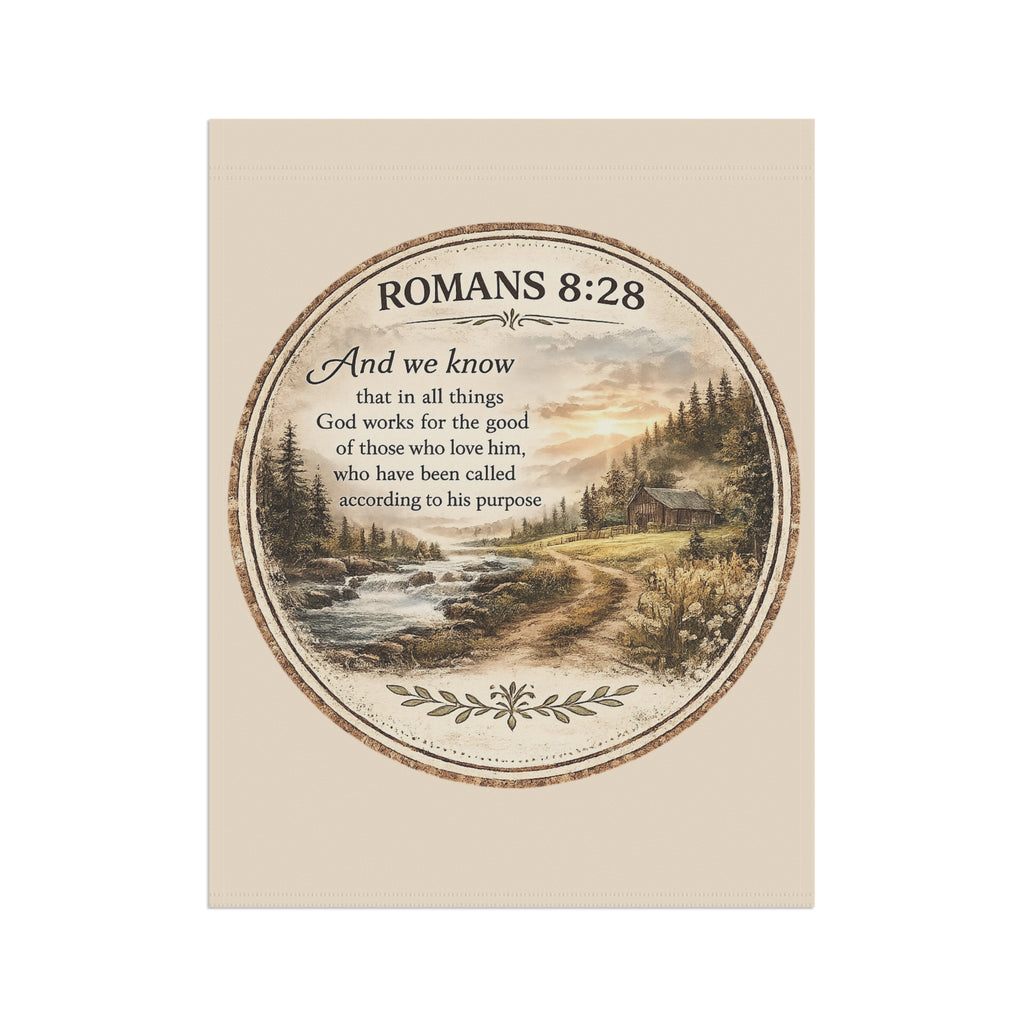 Romans 8:28 Garden Flag | Christian Faith Yard Banner | Inspirational Rustic Outdoor Decor
