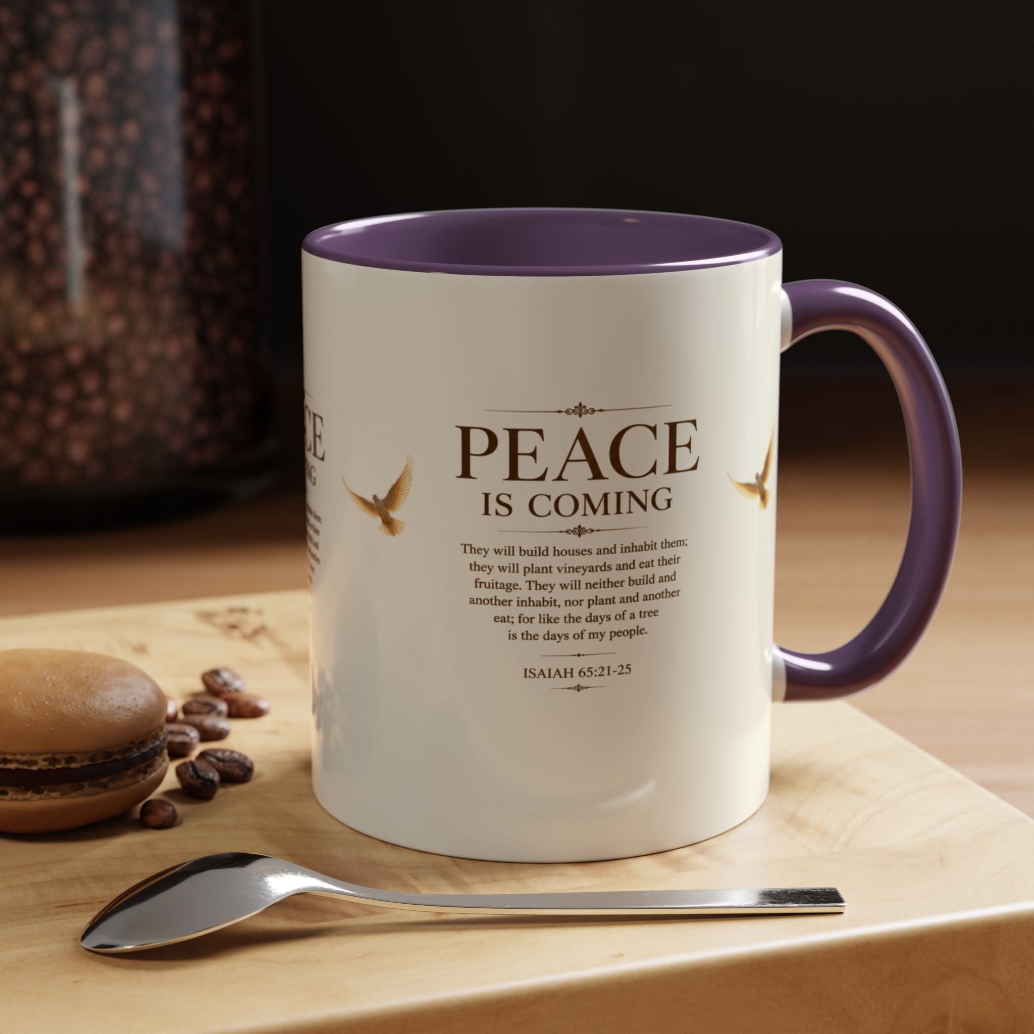 Inspirational Christian accent coffee mug featuring a peaceful dove and Isaiah 65:21-25 scripture with glossy finish and colorful handle and interior.