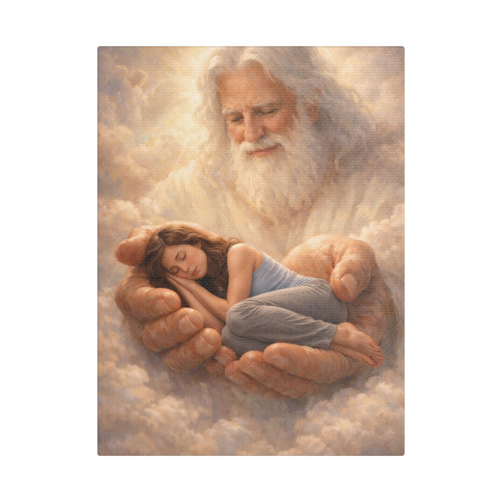 Safely in His Hands Canvas — 'Woman' Sleeping in God's Embrace Wall Art