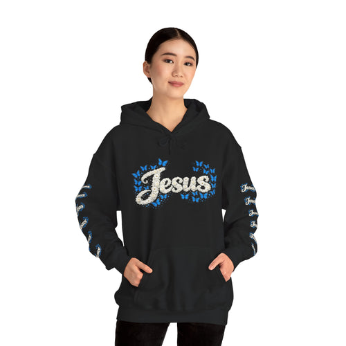 Butterfly Blossoms Hoodie – “Jesus” Floral Script Christian Pullover | Faith & Butterfly Hoodie