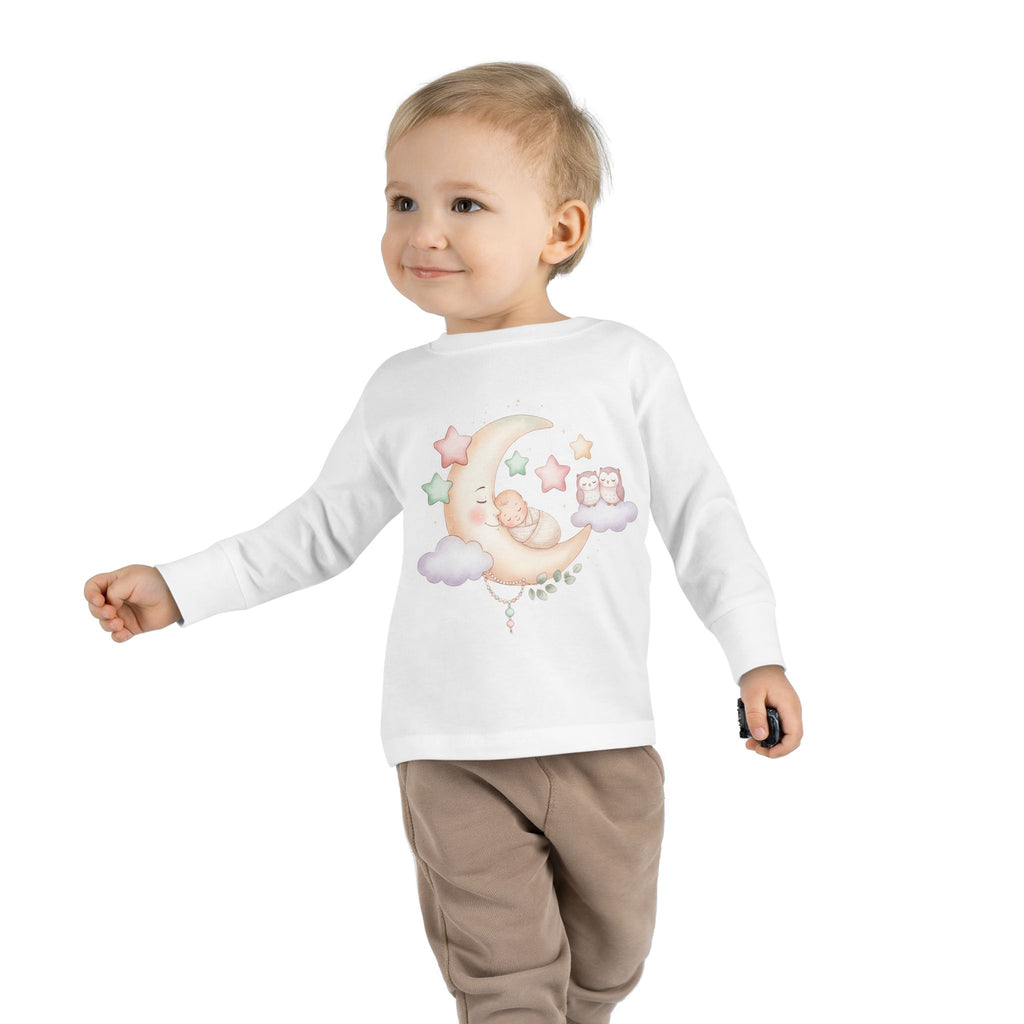 Baby Moon & Owl Toddler Long Sleeve Tee – Pastel Sleepy Moon Nursery Shirt | Cozy Toddler Pajama Style Tee