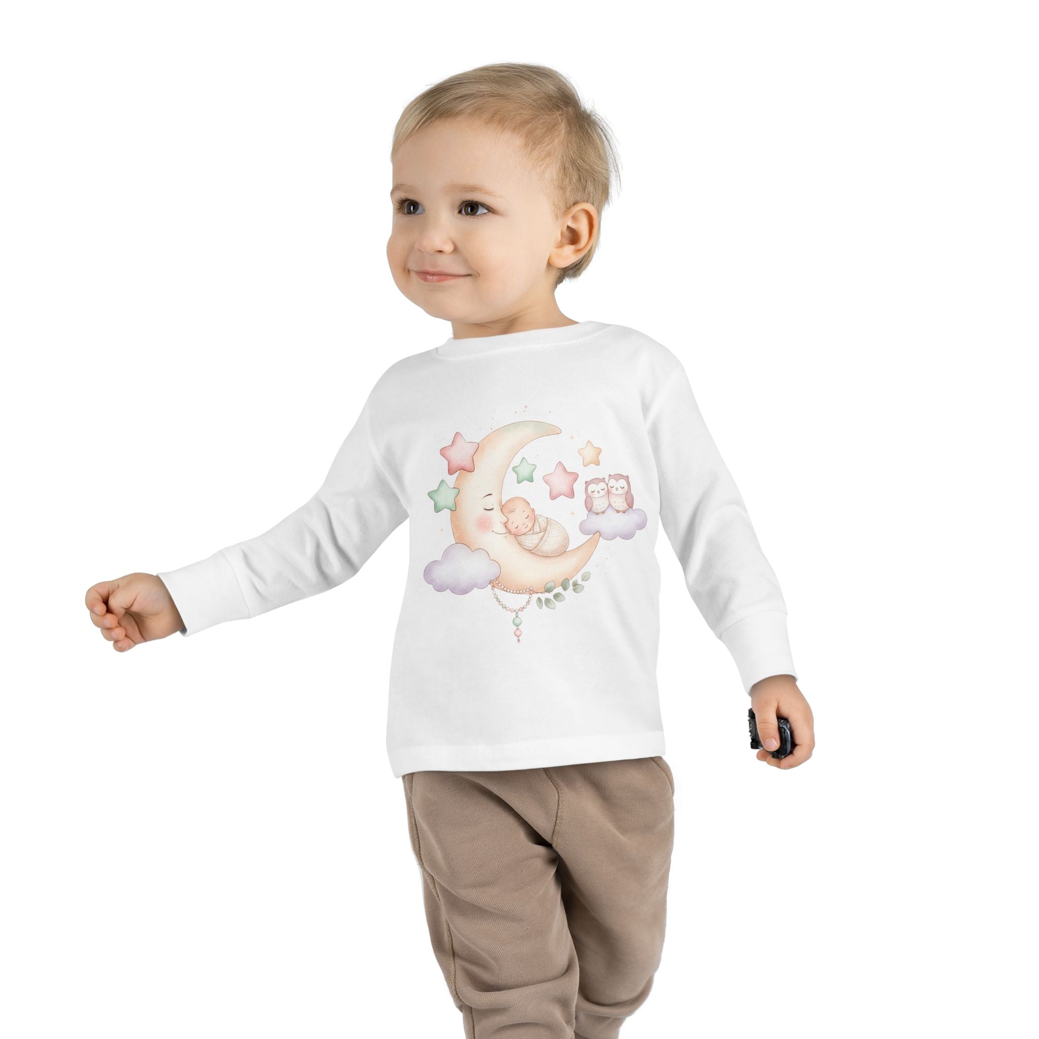 Baby Moon & Owl Toddler Long Sleeve Tee – Pastel Sleepy Moon Nursery Shirt | Cozy Toddler Pajama Style Tee