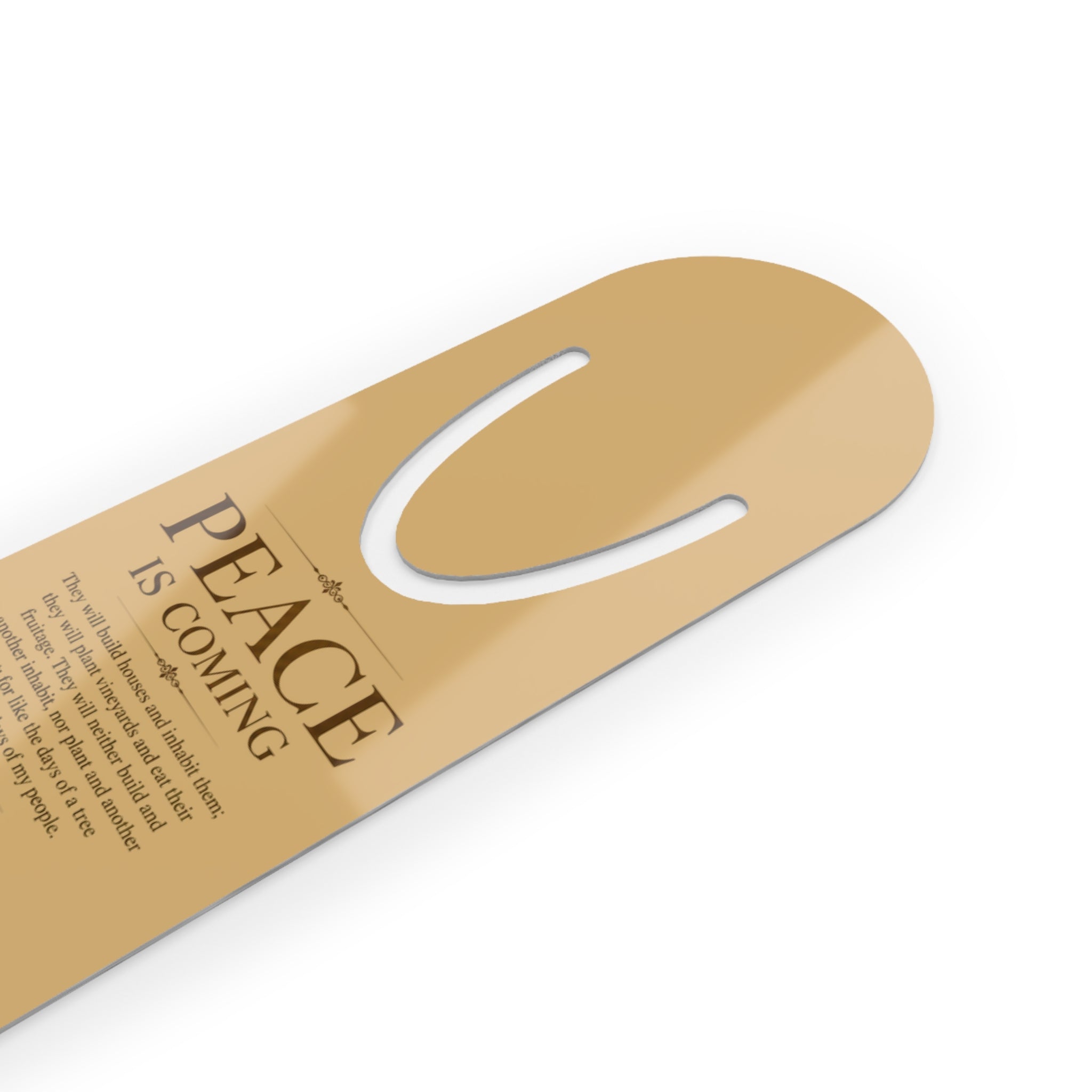 Inspirational Christian aluminum bookmark featuring the message “Peace Is Coming” inspired by Isaiah 65:21-25 with minimalist arch artwork, brushed metal backing, and secure page-holding slot.