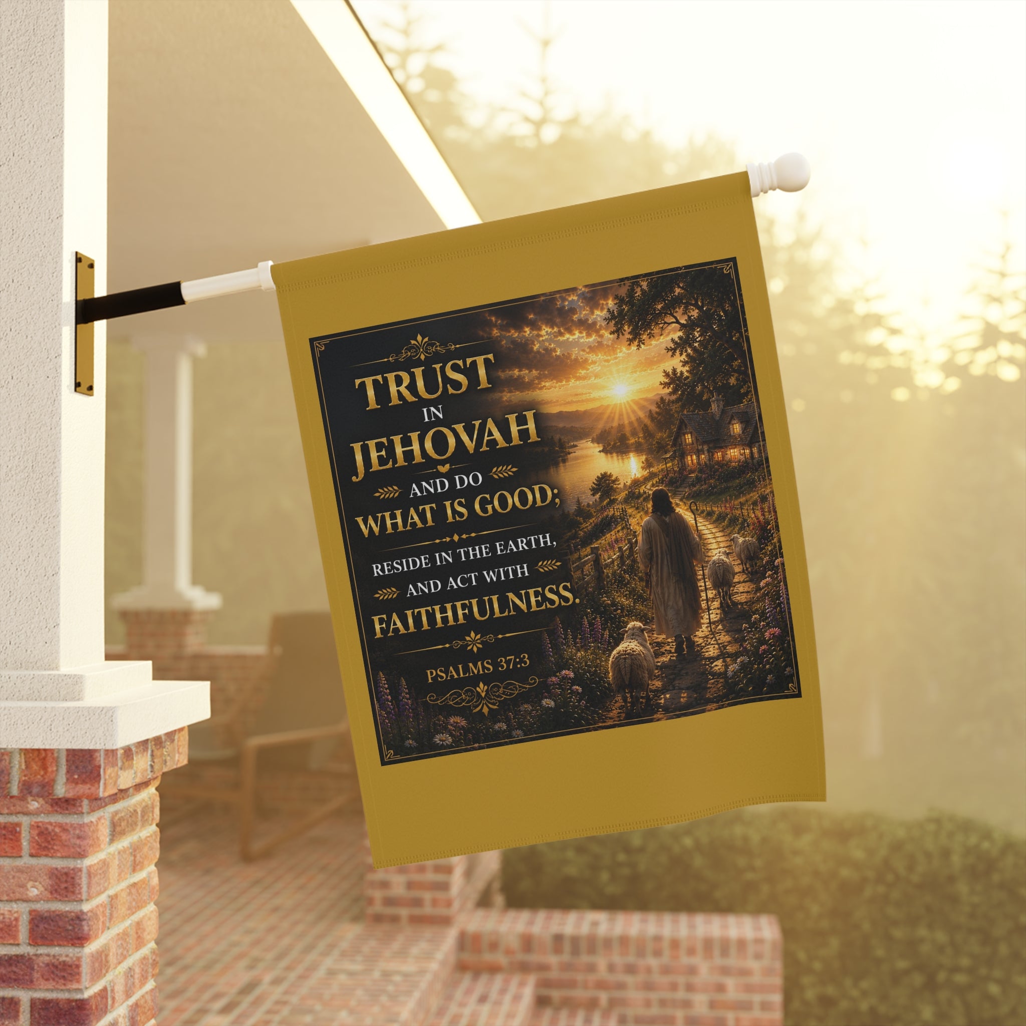 Inspirational Christian garden banner featuring a shepherd walking among hills at sunset with Psalm 37:3 inspired “Trust in Jehovah” scripture artwork.
