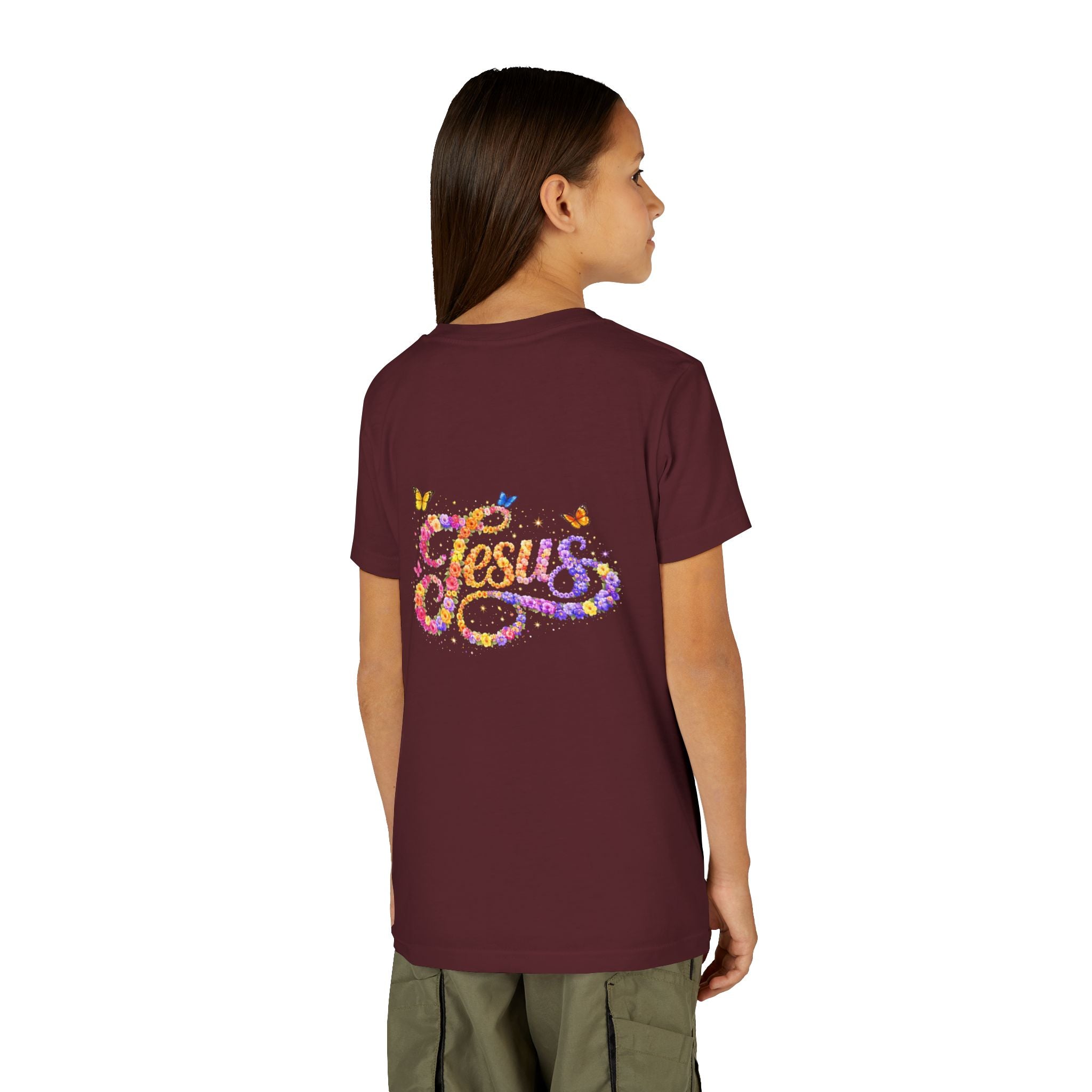 Youth Jesus Floral Script T-Shirt – Butterfly Christian Kids Tee | Faith Youth Shirt