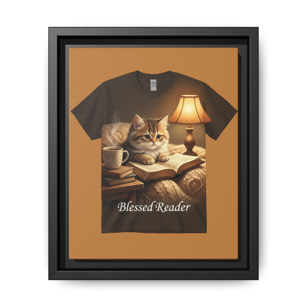 Blessed Reader Framed Canvas Print – Cozy Cat Reading Wall Art | Book Lover Cat Decor