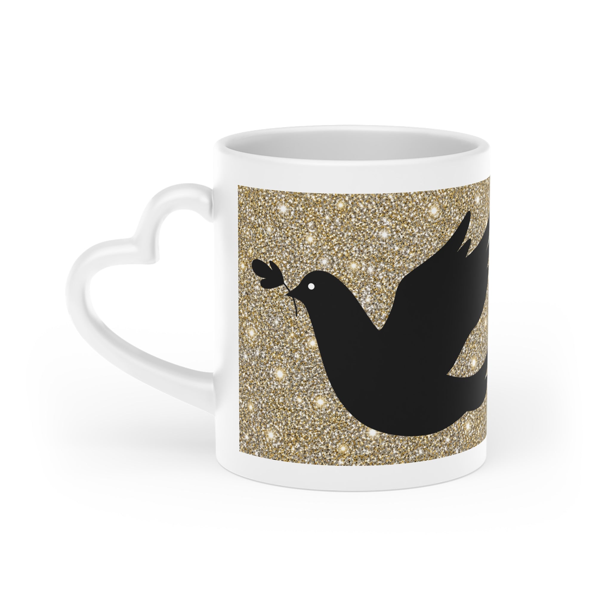White ceramic heart-shaped handle mug featuring two black dove silhouettes on a sparkling gold glitter-inspired background, with one dove carrying an olive branch.
