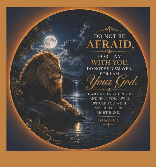 Inspirational Christian garden flag featuring a majestic lion resting beside moonlit water with the scripture “Do Not Be Afraid, For I Am With You” in elegant lettering.
