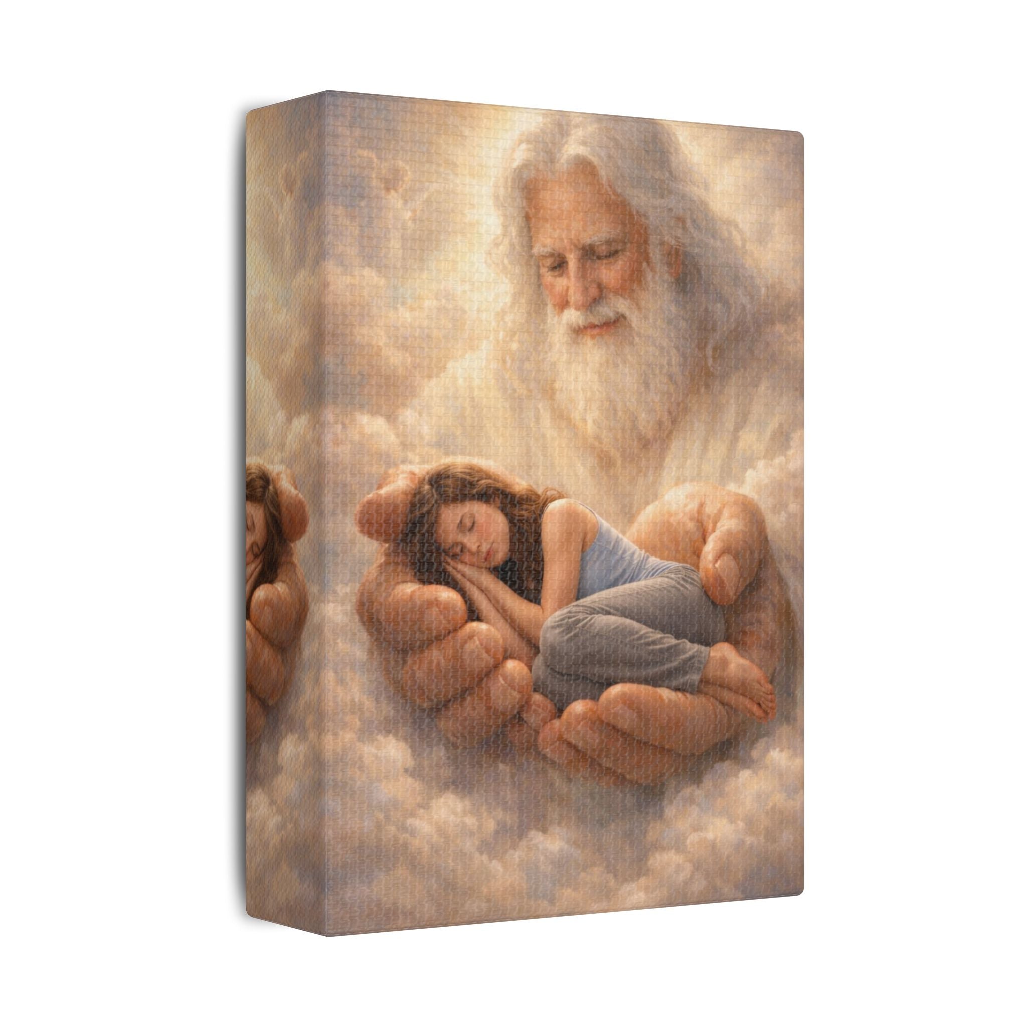 Safely in His Hands Canvas — 'Woman' Sleeping in God's Embrace Wall Art