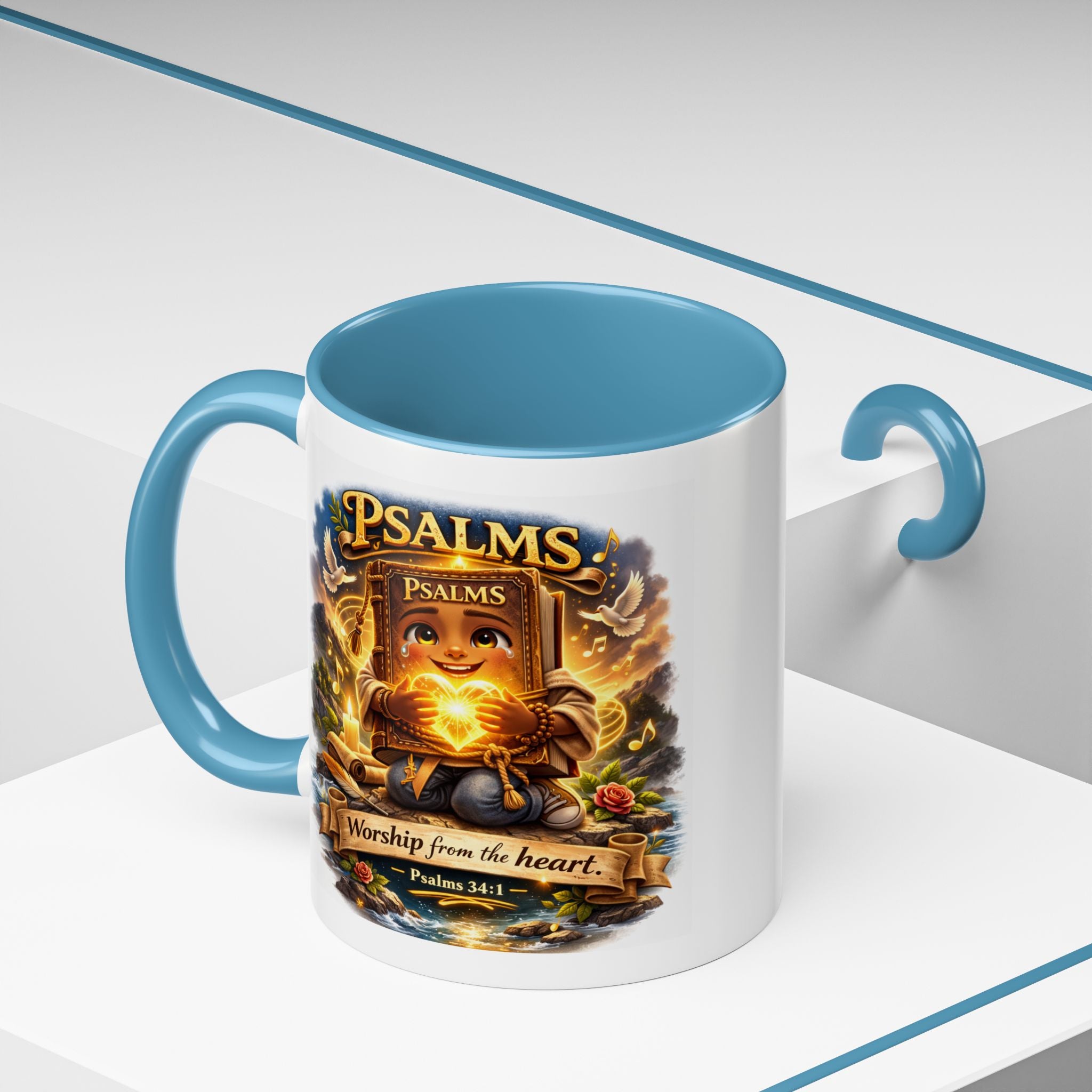 Inspirational Christian ceramic accent coffee mug featuring Psalm 34:1 and the message “Worship From the Heart” with colorful handle and interior accents on a glossy white mug.