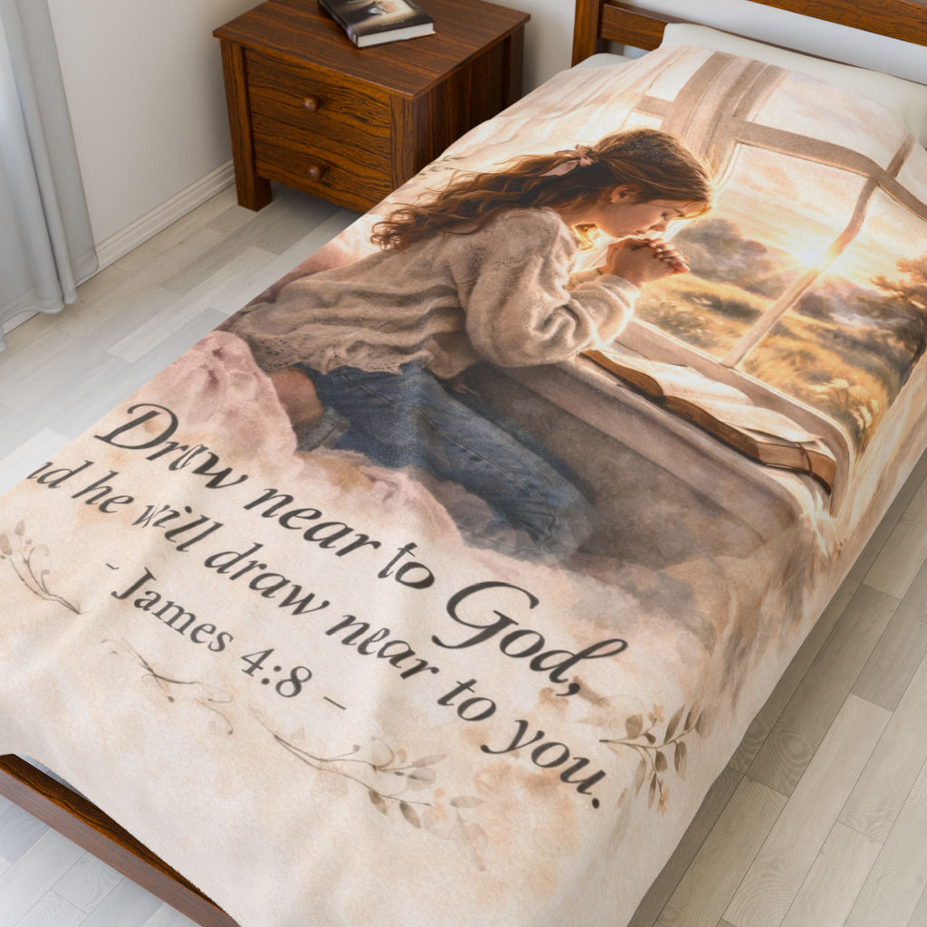 Draw Near to God Plush Blanket – James 4:8 Christian Throw | Prayerful Velveteen Cozy Blanket