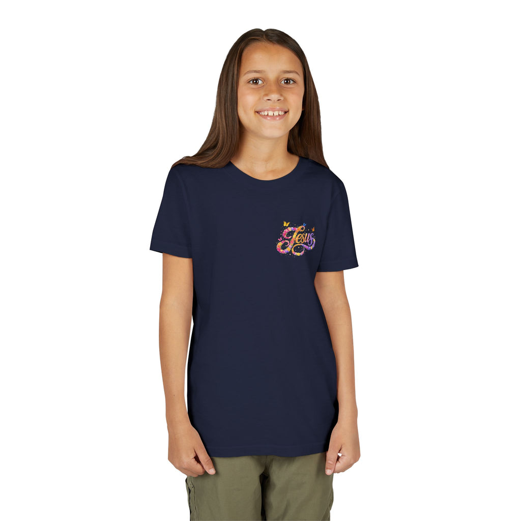 Youth Jesus Floral Script T-Shirt – Butterfly Christian Kids Tee | Faith Youth Shirt