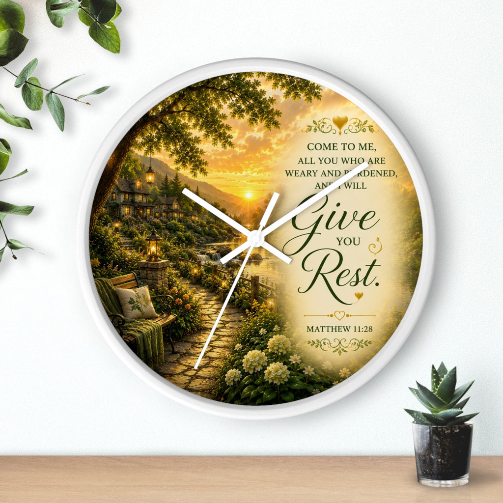 Inspirational Christian wall clock featuring a peaceful cottage garden path at sunset with Matthew 11:28 scripture inviting rest and peace.