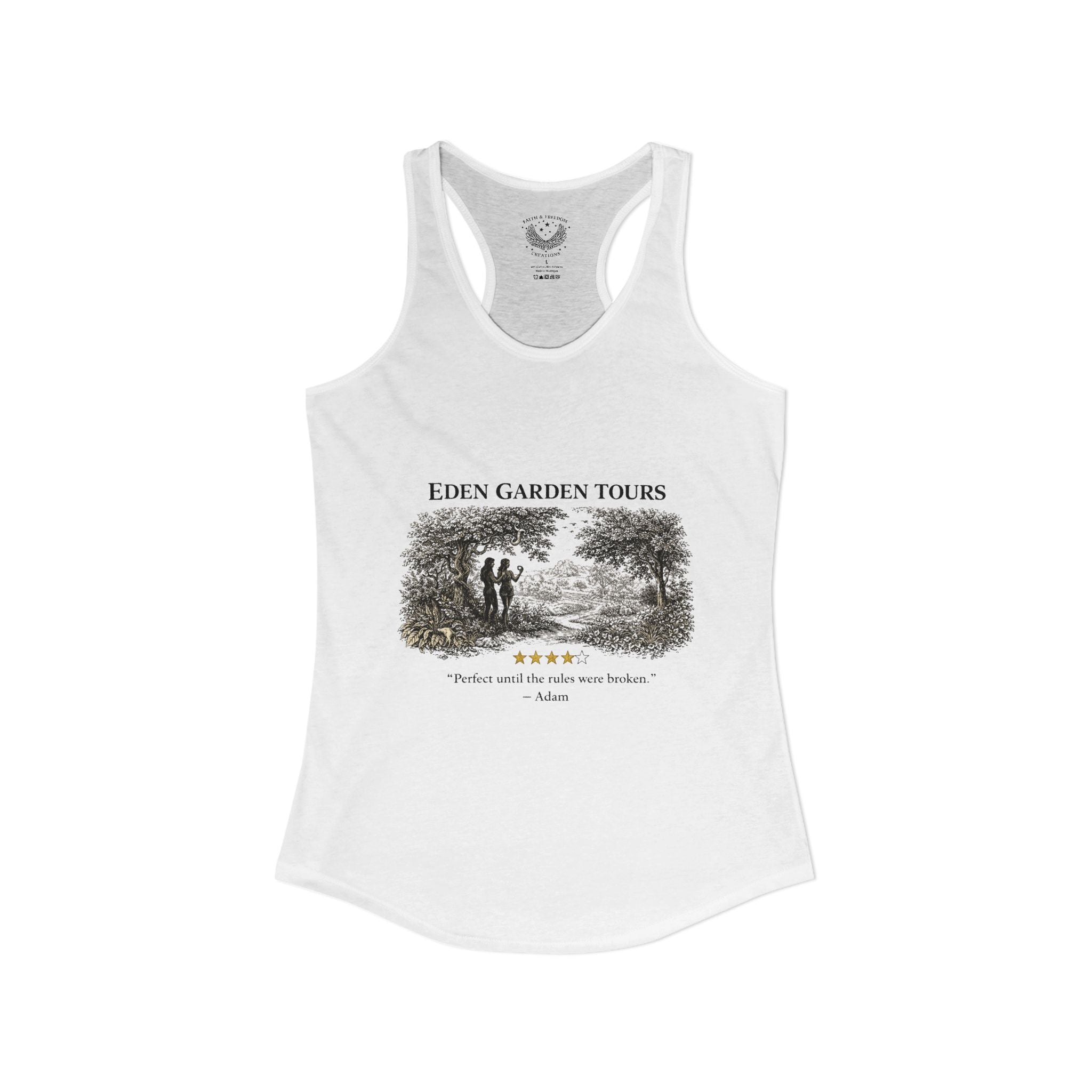 Eden Garden Tours Women's Racerback Tank — 'Adam's Review' Graphic