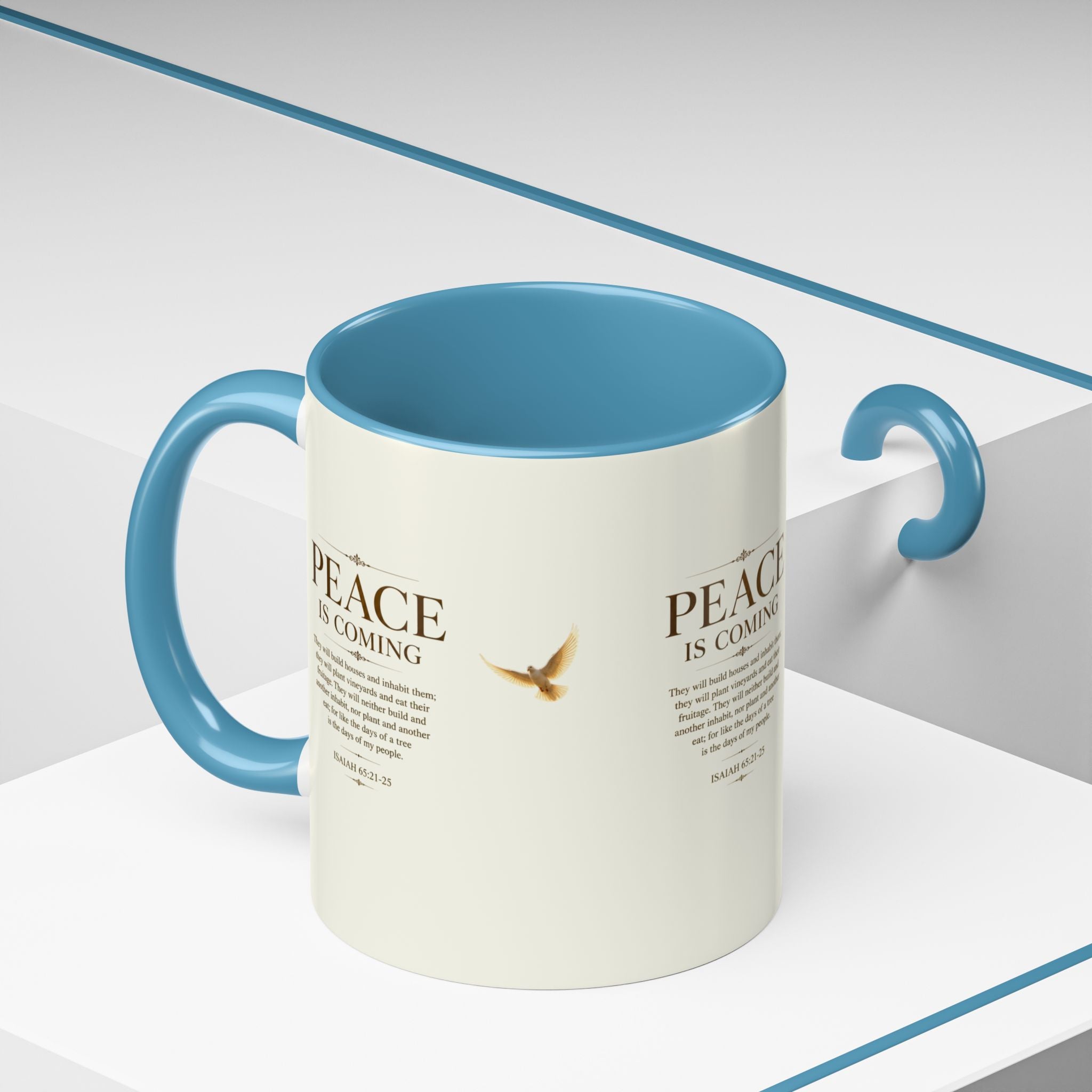 Peace Is Coming Accent Coffee Mug | Isaiah 65:21-25 Christian Mug | Inspirational Faith Gift