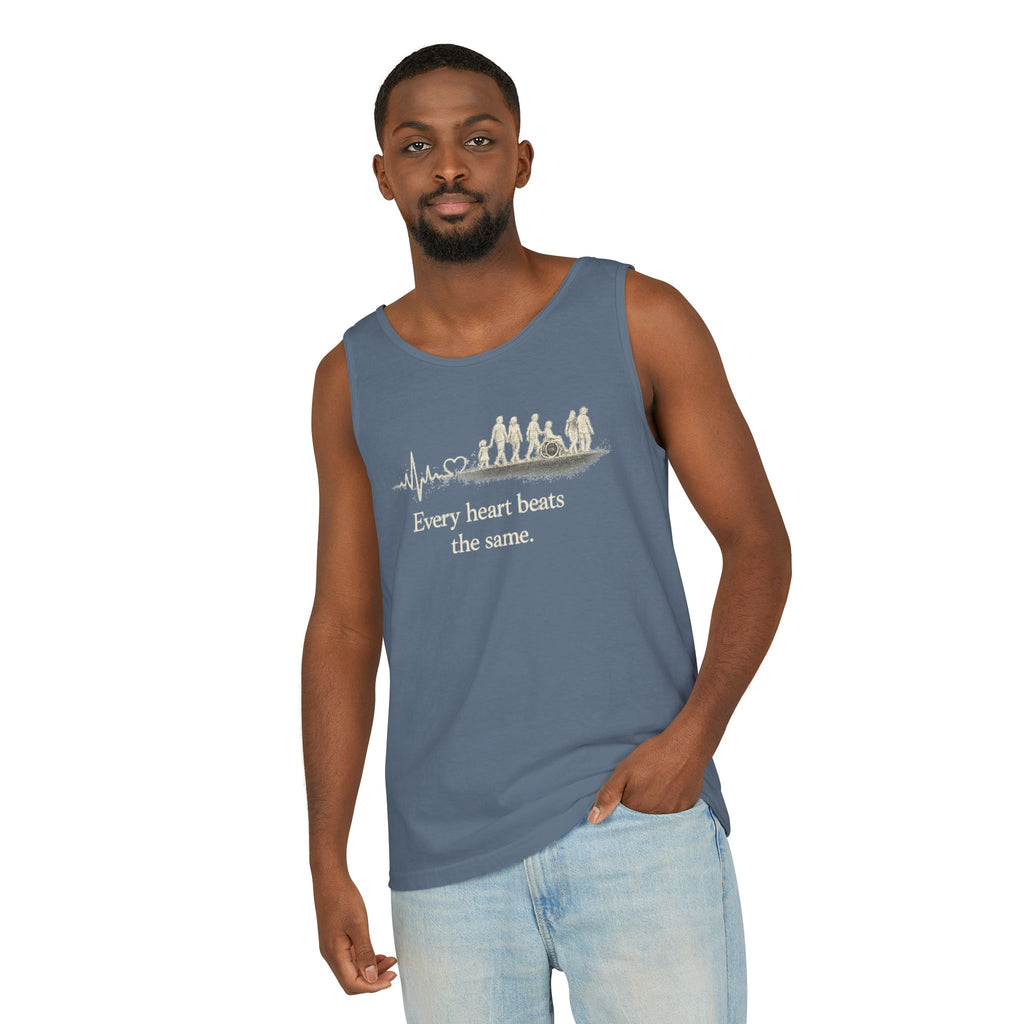 “Every Heart Beats the Same” Vintage Surf Tank Top – Garment-Dyed Coastal Unity Tank