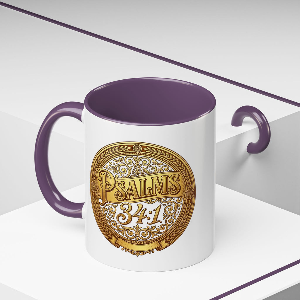 Inspirational Christian ceramic accent coffee mug featuring Psalm 34:1 in an ornate gold medallion design with colorful handle and interior accents.
