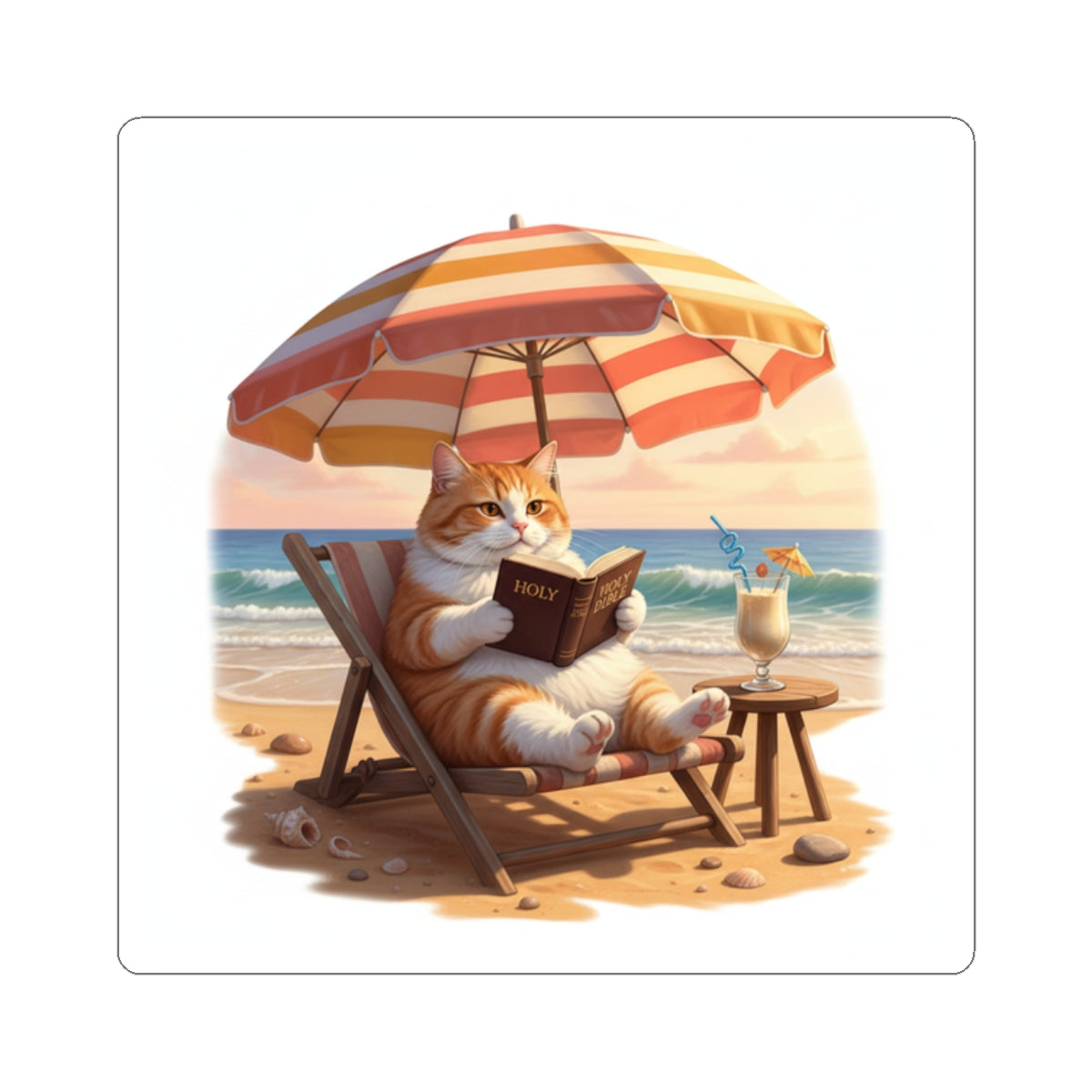 Bible Reading Beach Kitty Sticker – Christian Cat Faith Decal | Cute Bible Study Laptop Sticker