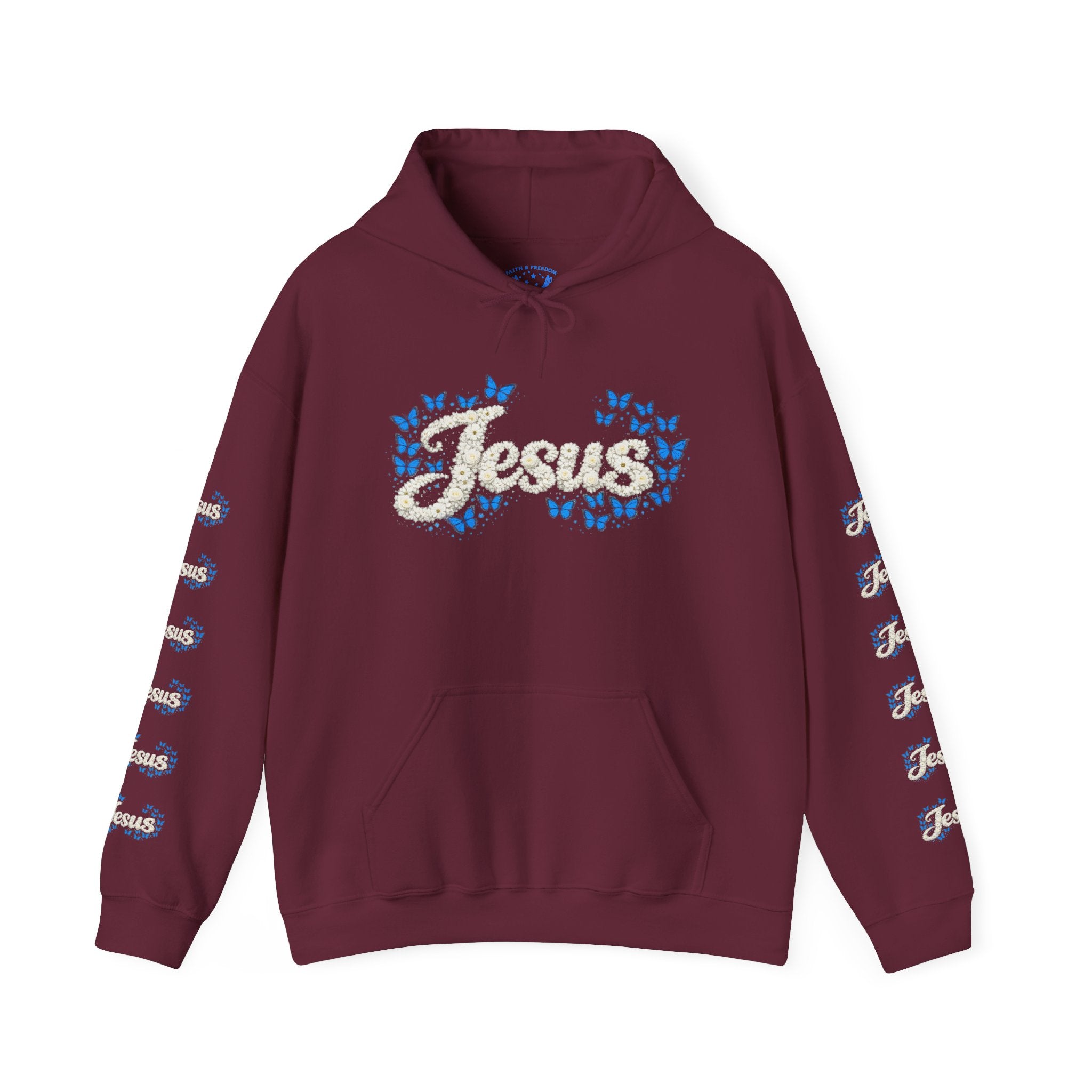 Butterfly Blossoms Hoodie — "Jesus" Floral Script Pullover