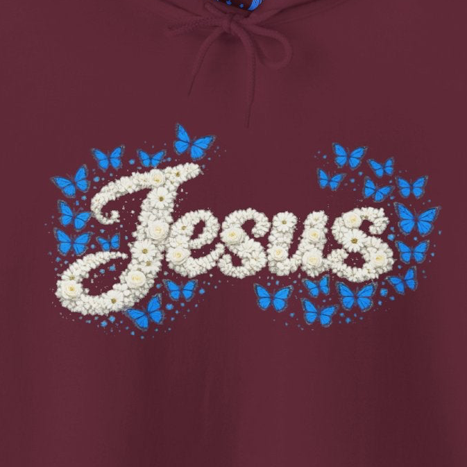 Butterfly Blossoms Hoodie – “Jesus” Floral Script Christian Pullover | Faith & Butterfly Hoodie