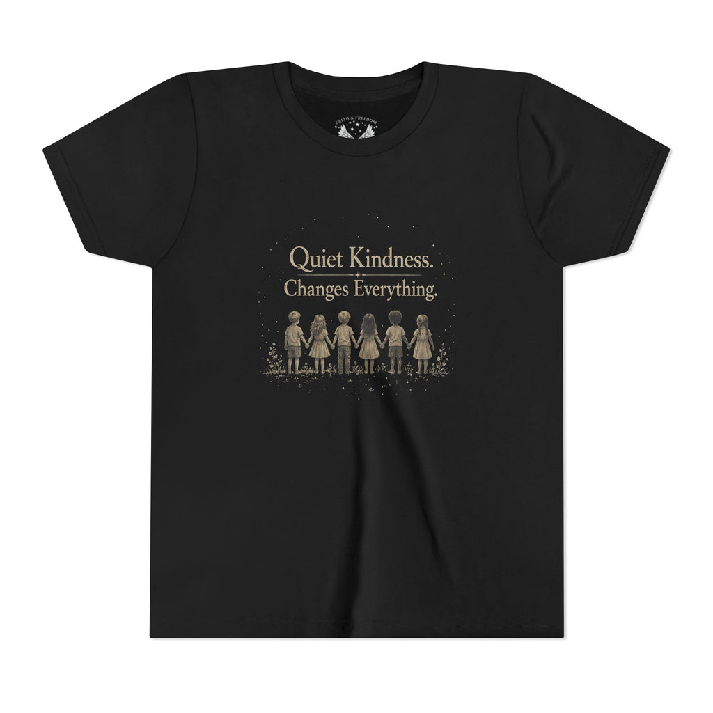 Youth “Quiet Kindness Changes Everything” Tee – Kids Inspirational T-Shirt with Earth & Friends Graphic